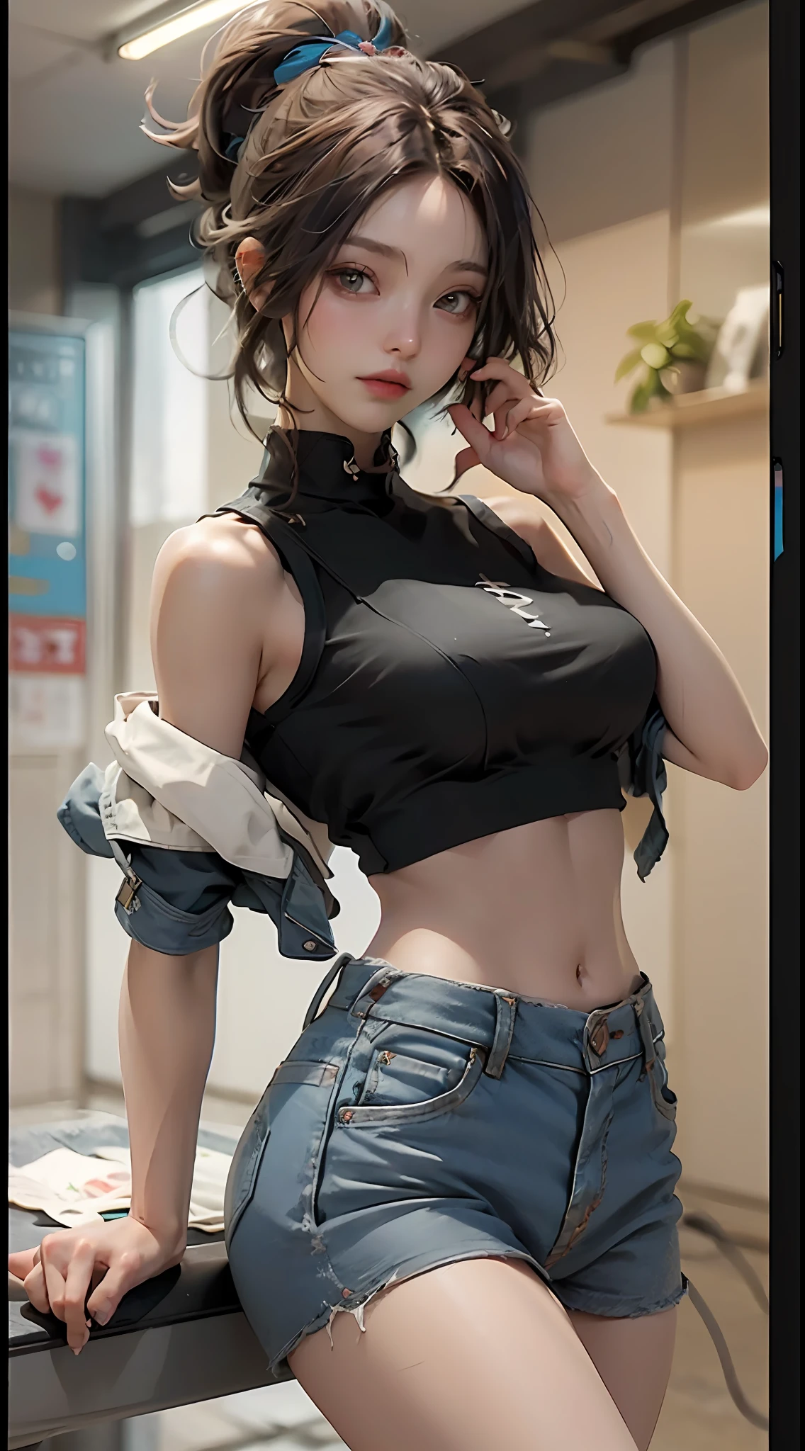 ((best quailty)), ((tmasterpiece)), (the detail:1.4), 3D, A beautiful cyberpunk female image,hdr(HighDynamicRange),Ray traching,NVIDIA RTX,Hyper-Resolution,Unreal 5,Subsurface scattering、PBR Texture、post-processed、Anisotropy Filtering、depth of fields、maximum definition and sharpness、Many-Layer Textures、Albedo e mapas Speculares、Surface coloring、Accurate simulation of light-material interactions、perfectly proportioned、rendering by octane、Two-colored light、largeaperture、Low ISO、White balance、thirds rule、8K raw data、(Skinny denim shorts and skinny sports vest:1.3),(large tities:1.3)
