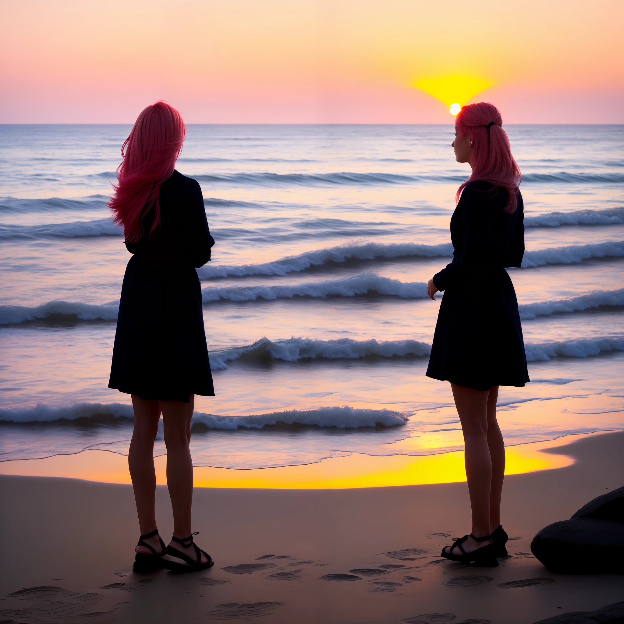 Pink haired standing by the sea in the sunset