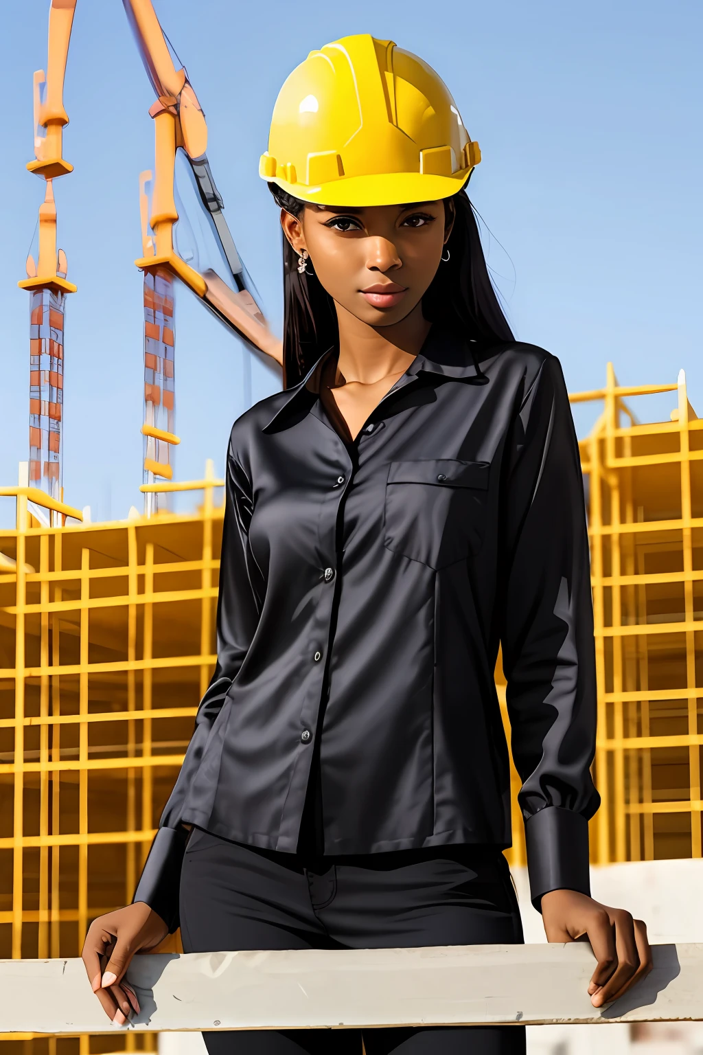 Black silk young woman at the construction site