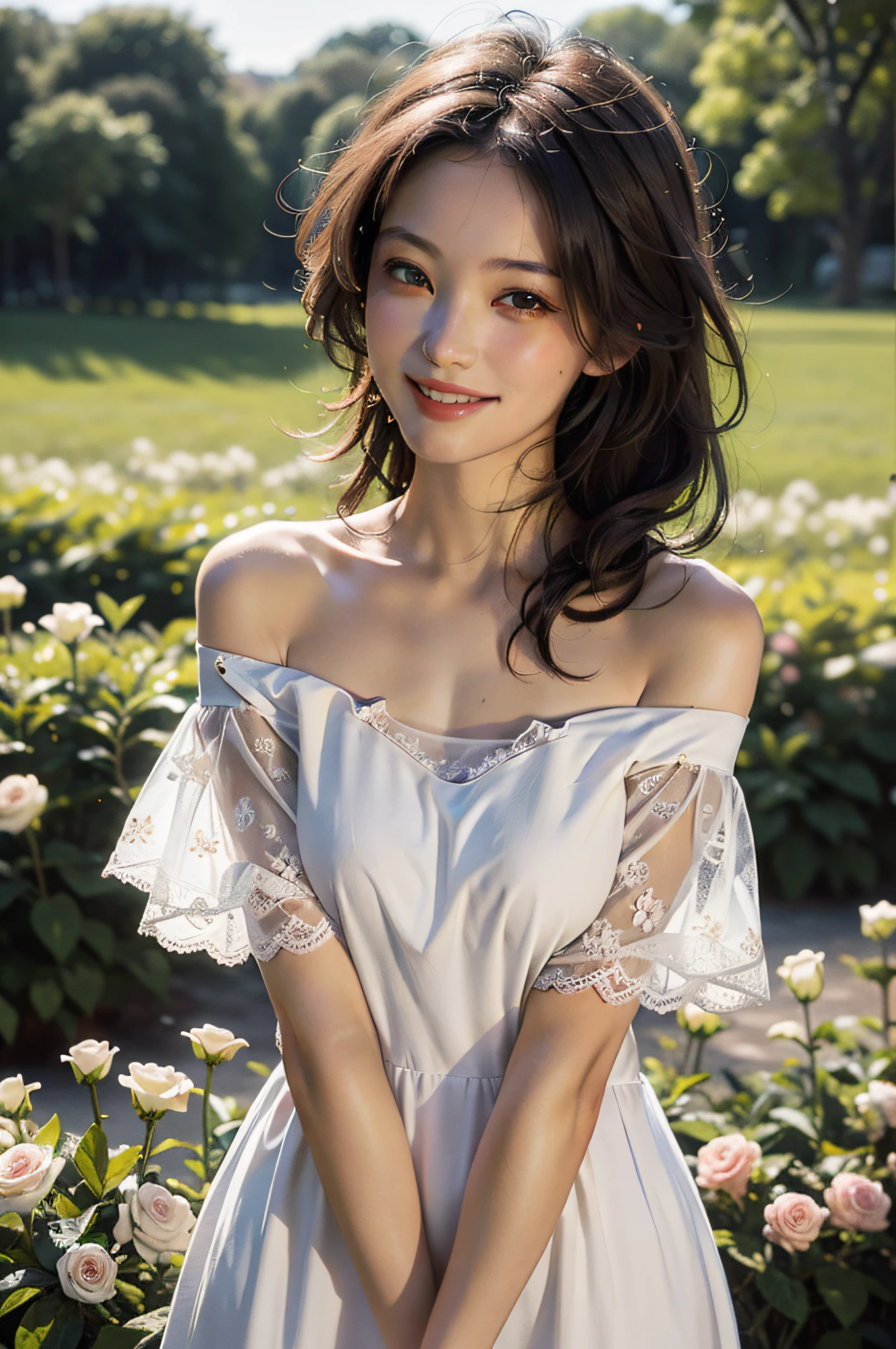 Best quality, masterpiece, ultra high res, (photorealistic:1.4), raw photo, 1girl, white dress, off shoulder, blossom flower field, glowing skin, light smile