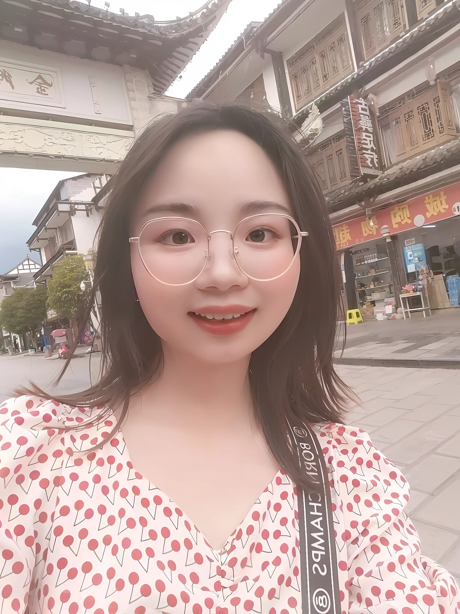 arafed woman wearing glasses and a polka dot dress standing in front of a building, 8k selfie photograph, wearing thin large round glasses, xintong chen, Li Zixin, wenfei ye, wearing small round glasses, zeng fanzh, yanjun cheng, chengyou liu, 2 8 years old, pengzhen zhang, jinyiwei, With glasses