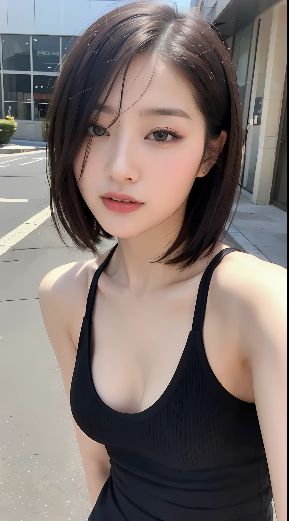 ((Best Quality, 8K, 巨作 :1.3)), Sharp focus :1.2, perfect figure beautiful woman:1.4, ((Short hair in layers， mischievous expression:1.2)), (Tank top shirt:1.1 ), (the street:1.2), Highly detailed facial and skin texture, A detailed eye, 二重まぶた，seductiv，