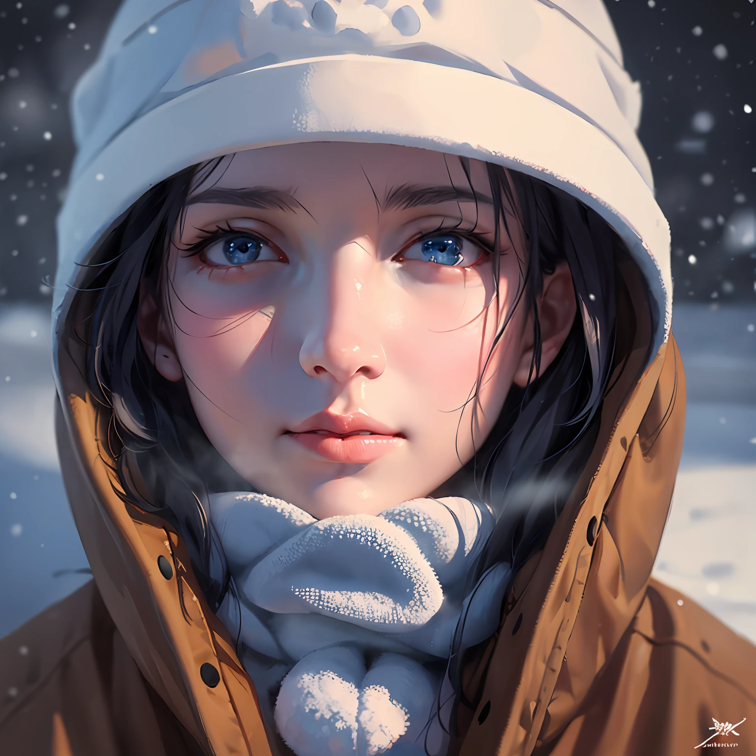 wlop,dalcefo,realistic,painting,fine detailed face,((winter)), cinematic light,