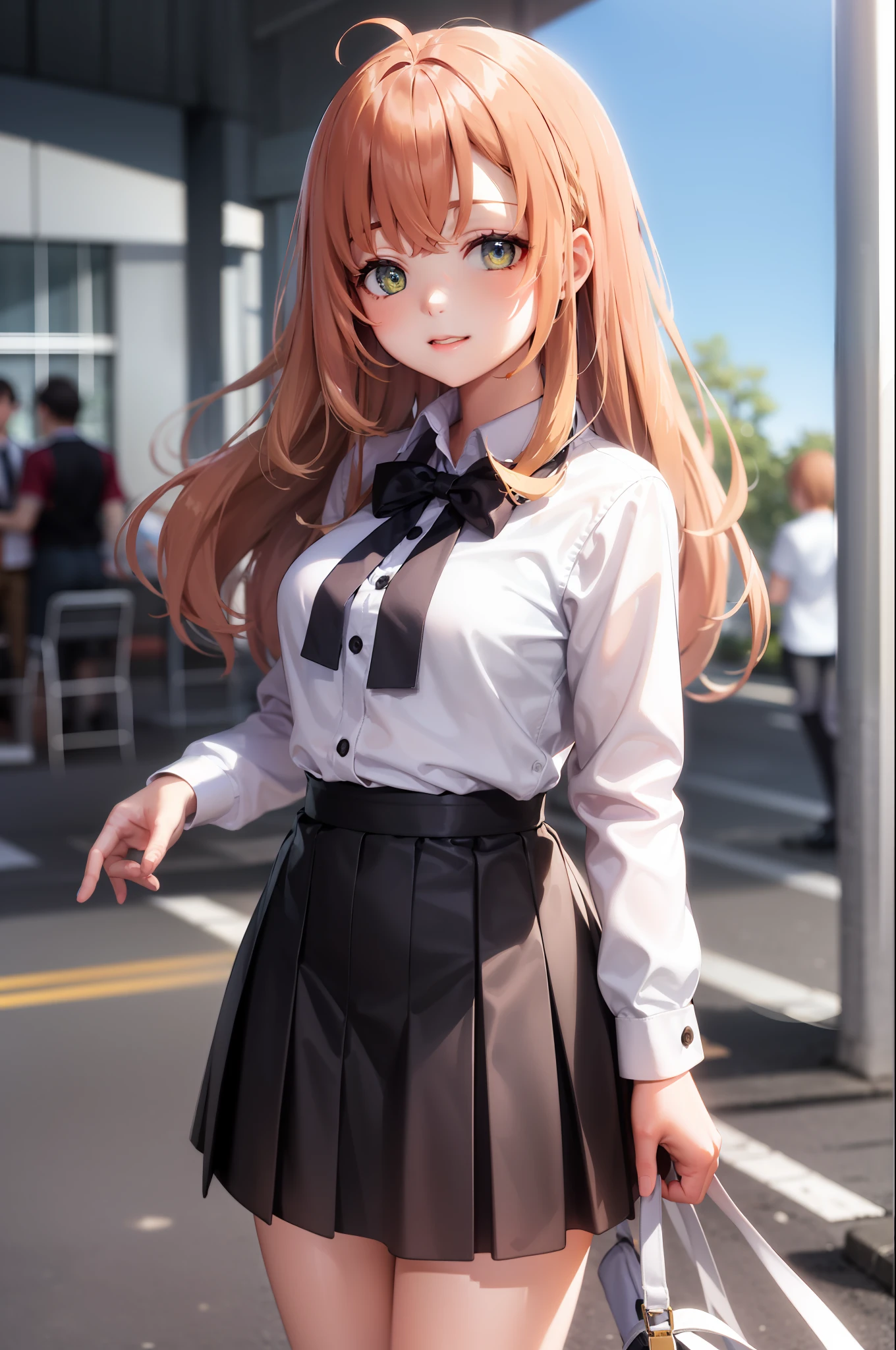 （tmasterpiece，best qarity：1.2），cowboy lens，独奏，1girll，Stand in front of the school，prette，yellow long hair，Elegant，looking looking at viewer，ahoge，school uniformss，White shirt and black pleated skirt，the street，schools