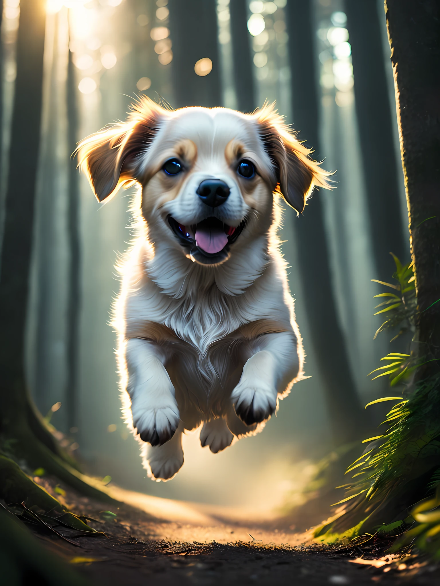 close up photo of a very cute jumping puppy in the forest, soft volumetric lights, (backlit:1.3), (cinematic:1.2), intricate details, (ArtStation:1.3), Rutkowski