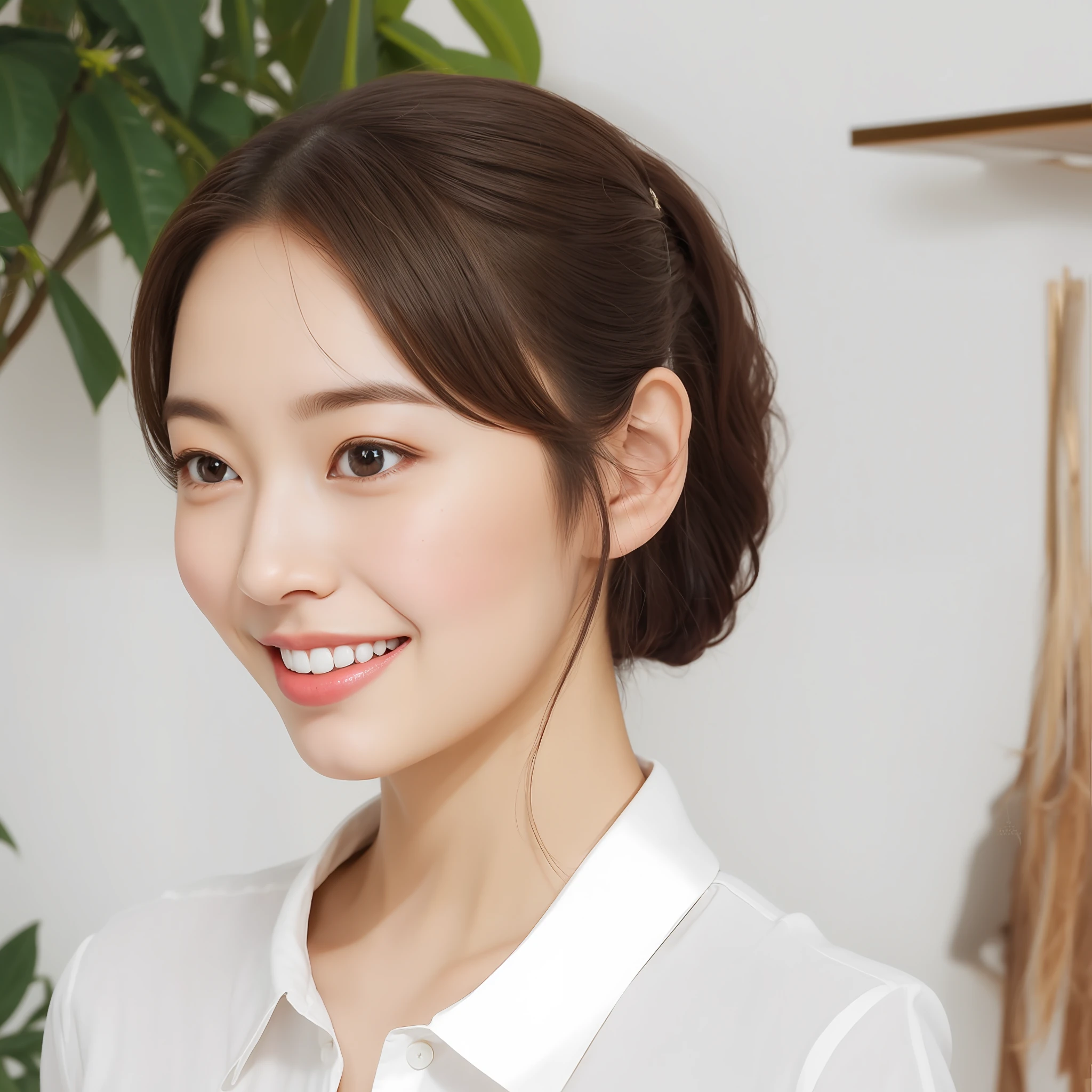 there is a woman that is smiling and posing for a picture, Young adorable Korean face, Beautiful young Korean woman, Gorgeous young Korean woman, korean symmetrical face, beautiful Korean women, Korean Woman, lee ji - eun, lee ji-eun, shin min jeong, female actress from korea, dilraba dilmurat, korean face features,short hairstyle、Short-cut hairstyles