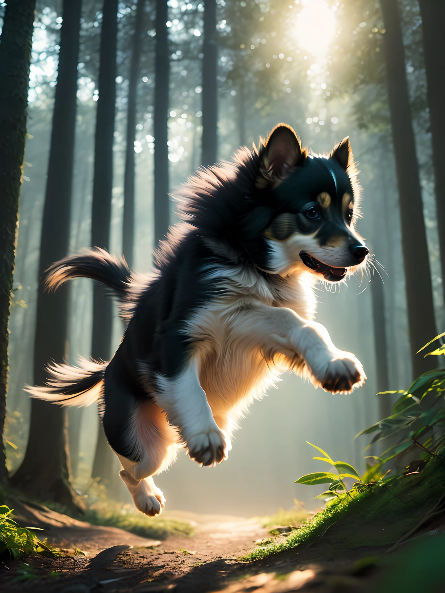 close up photo of a very cute jumping puppy in the forest, soft volumetric lights, (backlit:1.3), (cinematic:1.2), intricate details, (ArtStation:1.3), Rutkowski