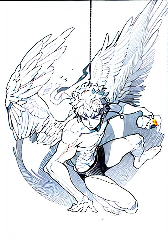 One has wings on its head,Painting of a man with a bird on his shoulder, clean lineart, bold lineart, Simple lines of art, thick lineart, extremely fine ink lineart, clean anime outlines, perfect lineart, Line art!!, linear art, intense line art, thick black lineart, epic angle and pose, wip