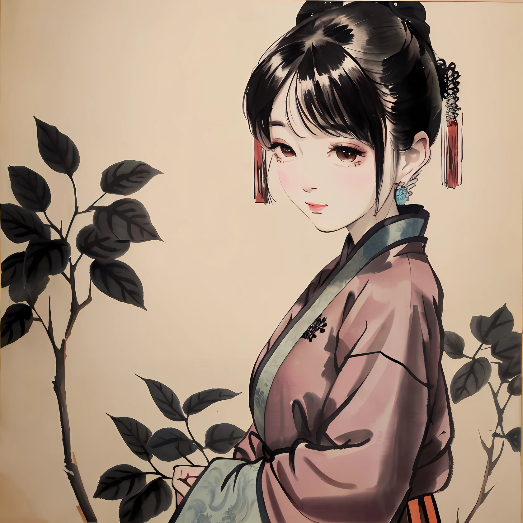 Traditional chinese painting,a matural female,ssmile,Head up,View
