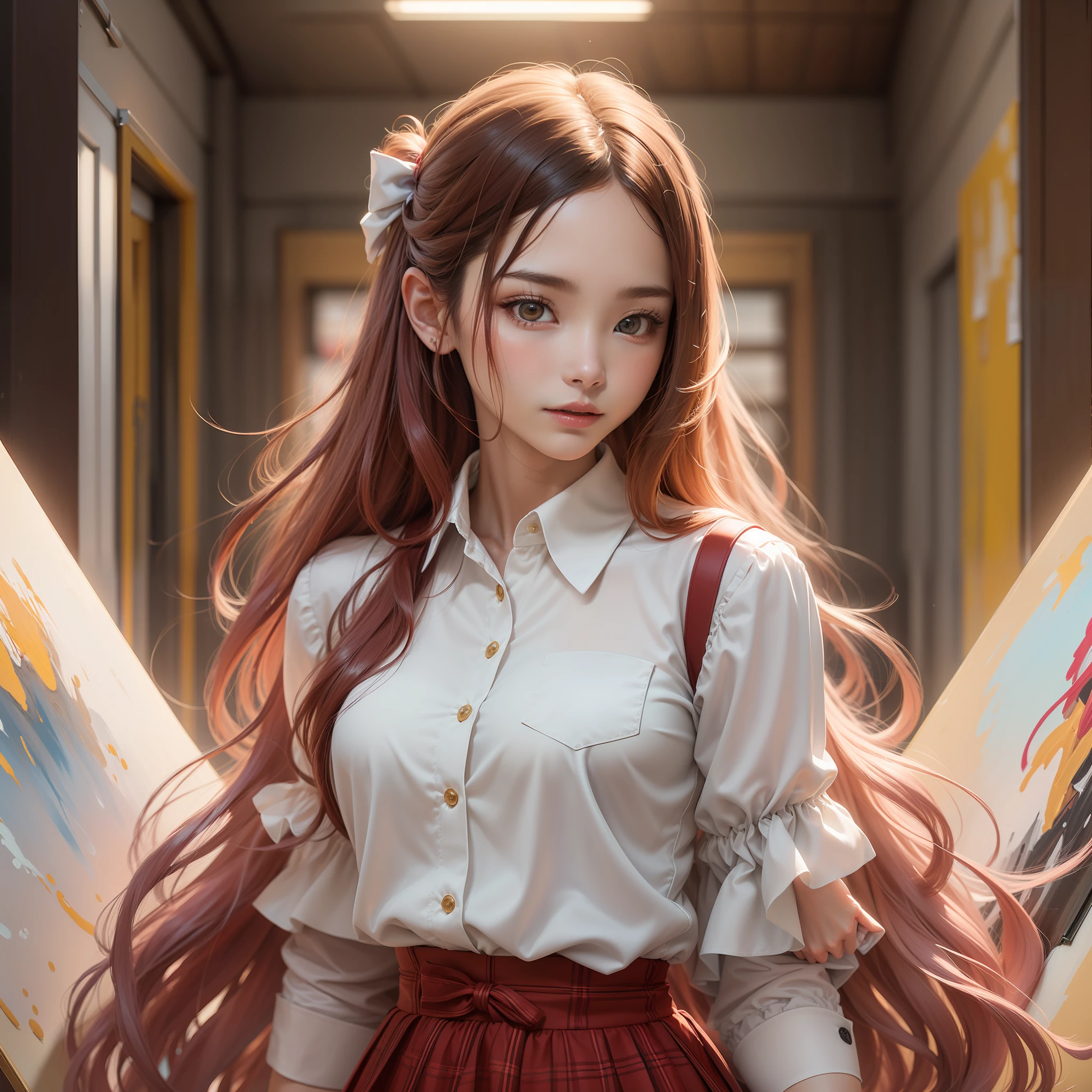 ((巨作))), Ultimate picture quality, With gorgeous((Acrylic painting style)), flowy,elegant ((teens girl:1.3)),120 cm long hair, Floating hair,Wearing a JK skirt,It has 8K resolution and fine details,The 16-year-old girl stands on her side,Frontal viewing,Hyper Real,Realiy:1.27