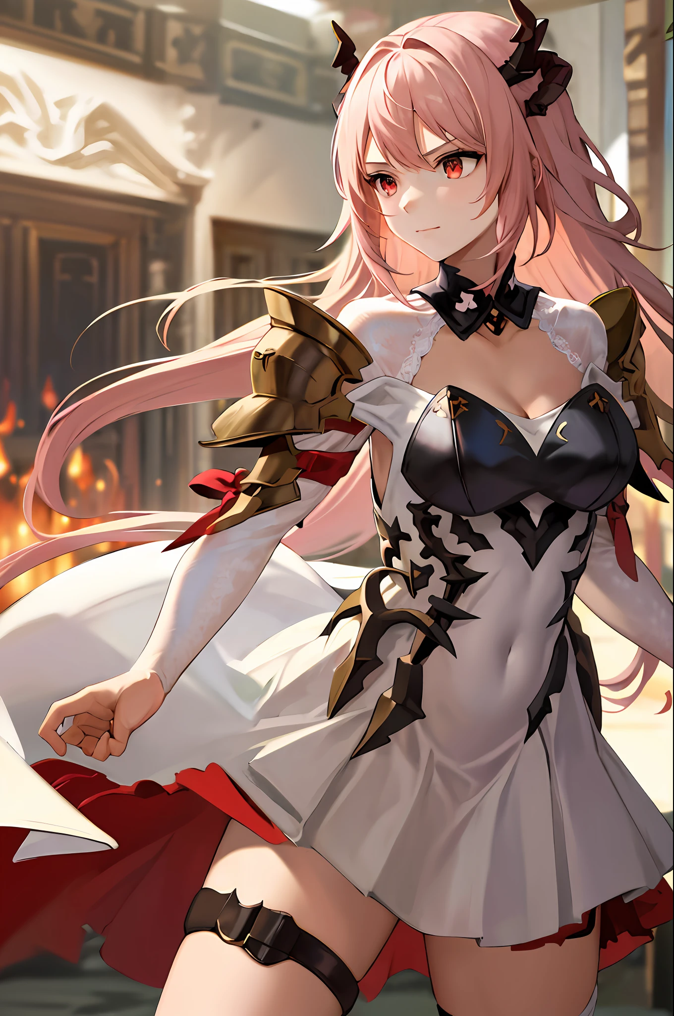 masterpiece, best quality, highres, 1girl, horns,(theresahead), (red eyes), (Sulking), white dress solo, shoulder armor, dress, very long hair, thigh strap, white dress, (in fighting stands), (swinging a big sword), (running), (wearing steel greaves), (wearing steel gauntlets), (wearing chest plate), cleavage, pauldrons, white thighhighs, medium breasts, bangs, detached sleeves, attacking monster