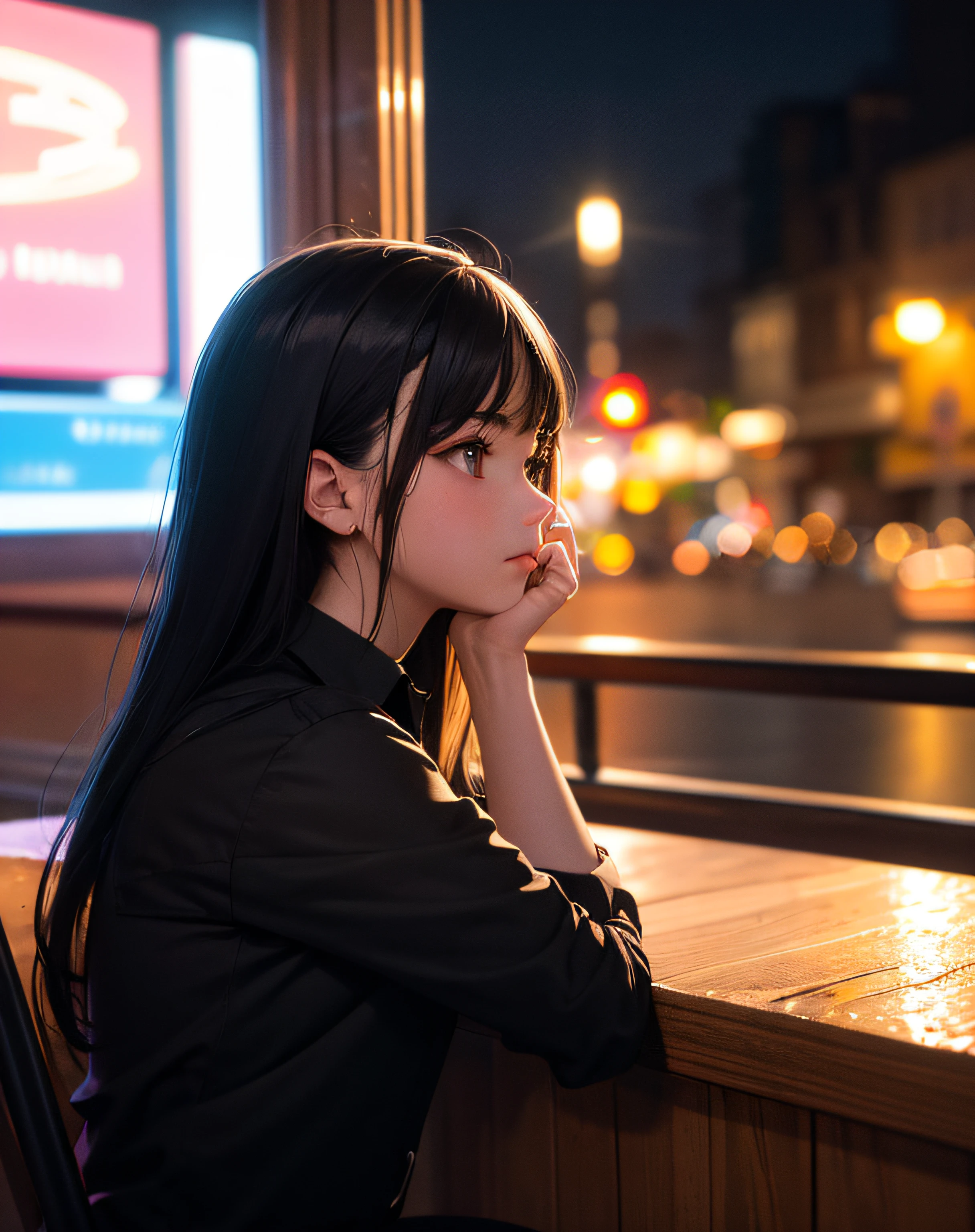 ((masterpiece,best quality,ultra detailed,ultra high res,detailed background)),(night),(distant),chiaroscuro,cafe,indoors,solo focus,pov,(by the window),(arm support),1girl,facing away,black hair,long hair,distracted,sitting,black collared shirt,(looking away),streetspace,neon lights,