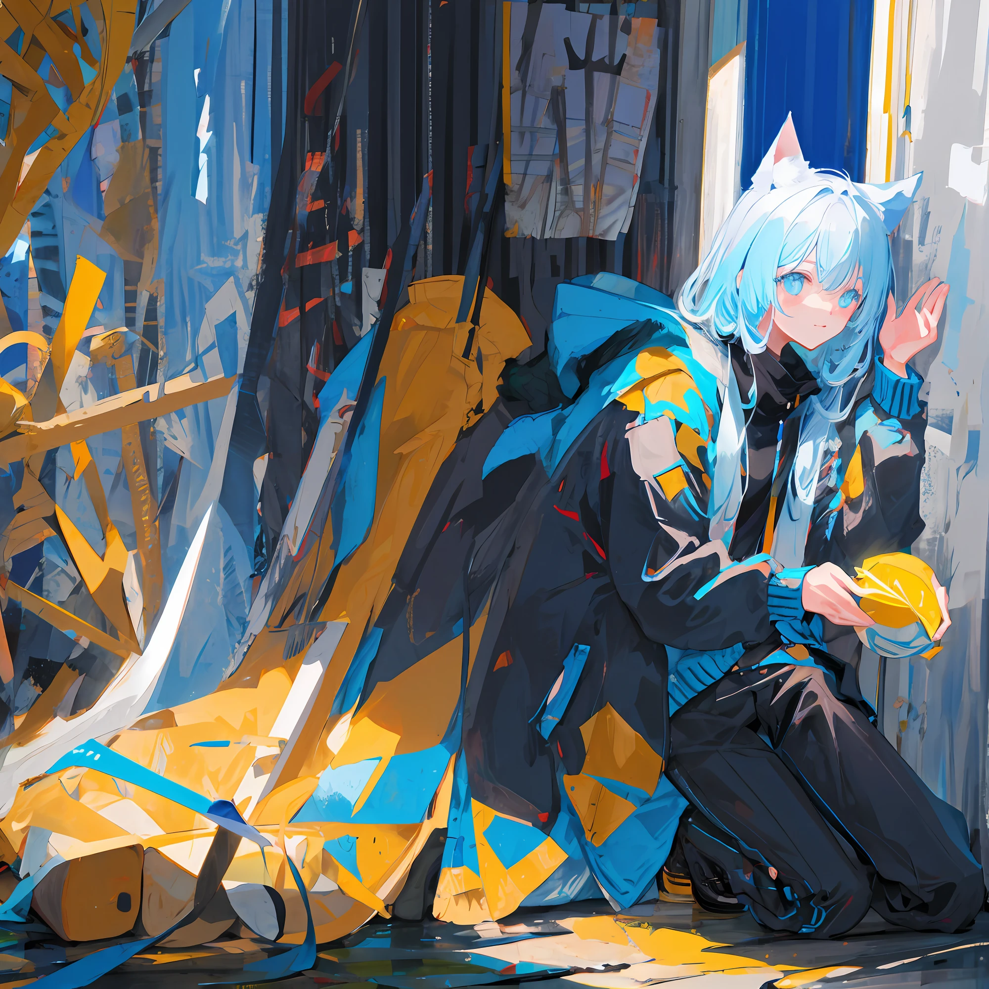Cat-eared lady，blue colors，Kneeling