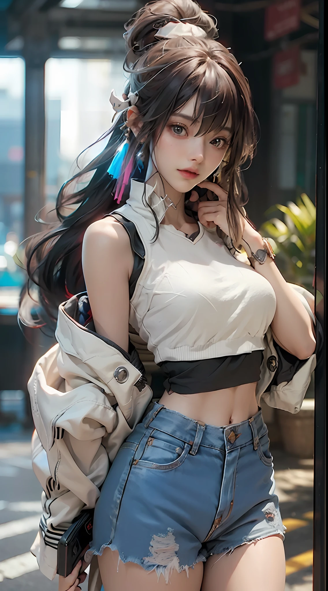((best quailty)), ((tmasterpiece)), (the detail:1.4), 3D, A beautiful cyberpunk female image,hdr(HighDynamicRange),Ray traching,NVIDIA RTX,Hyper-Resolution,Unreal 5,Subsurface scattering、PBR Texture、post-processed、Anisotropy Filtering、depth of fields、maximum definition and sharpness、Many-Layer Textures、Albedo e mapas Speculares、Surface coloring、Accurate simulation of light-material interactions、perfectly proportioned、rendering by octane、Two-colored light、largeaperture、Low ISO、White balance、thirds rule、8K raw data、(Skinny denim shorts and skinny sports vest:1.3),(large tities:1.3)