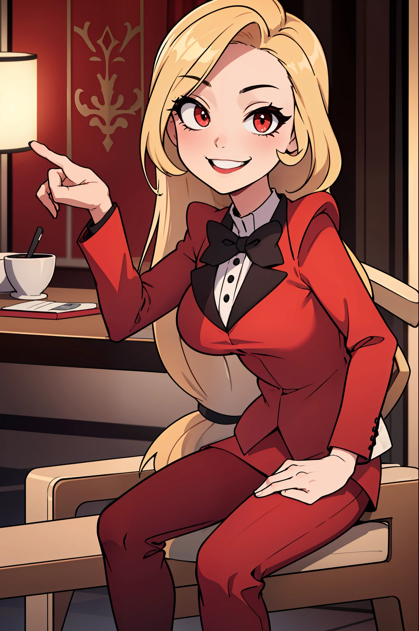 (masterpiece, best quality:1.2), solo, 1girl, charlie morningstar, smile, looking at viewer, sitting in an armrest chair, long hair, red suit, red pants, hotel