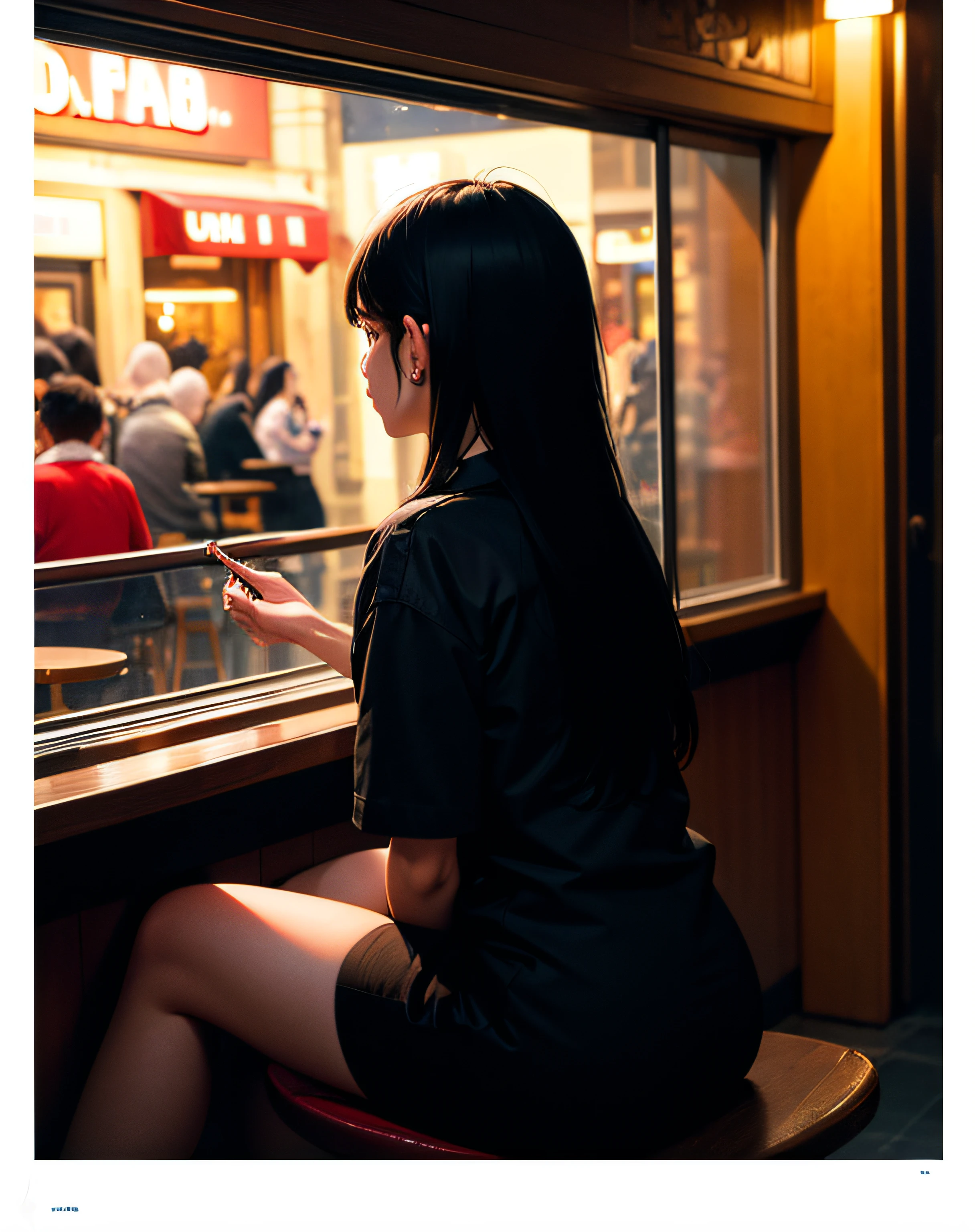 ((masterpiece,best quality,ultra detailed,ultra high res,detailed background)),(night),(distant),chiaroscuro,cafe,indoors,solo focus,pov,(by the window),(arm support),1girl,facing away,black hair,long hair,distracted,sitting,black collared shirt,(looking away),streetspace,neon lights,