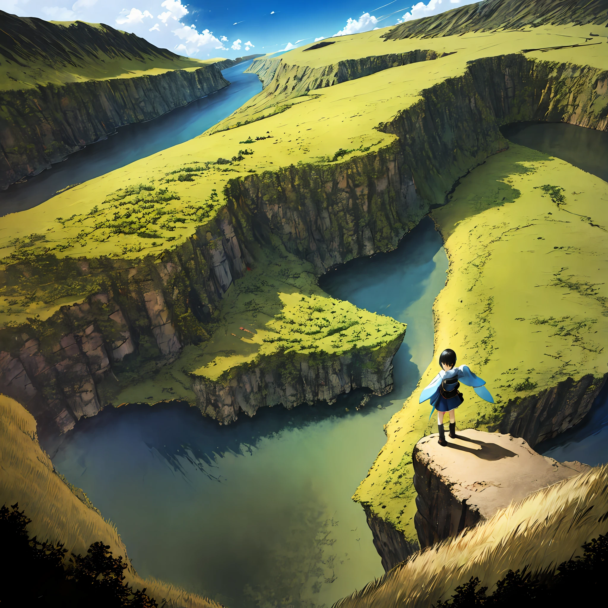 masterpiece,best quality,1girl,solo,short black hair,from above,landscape,flying,sky,