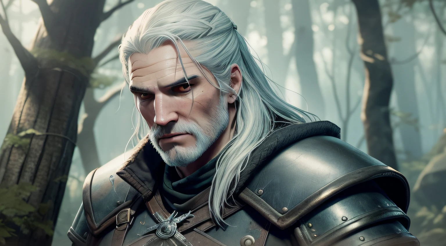 Geralt de Rivia, a hunter of legendary monsters, is in a forest and dense. Sunlight shines through the treetops, criando raios de luz que iluminam o caminho de Geralt. He's wearing his iconic leather armor., decked out with metal details and insignia from his guild. Her long white hair is stuck in a braid, enquanto seus olhos amarelos mostram a espiritualidade de um verdadeiro Witcher. The atmosphere is tense and dangerous, conveying the feeling that a confrontation is about to happen. illustration, Estilo realista, using shading and texturing techniques, --AR 16:9 --V 5.
