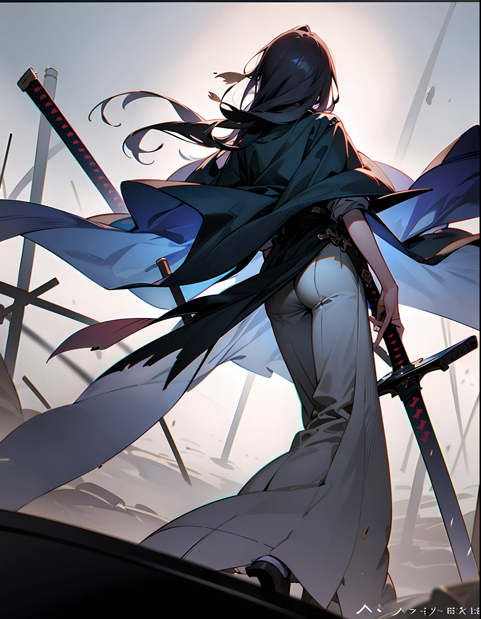 A slightly older girl on the battlefield,The back is full of swords,Protect a slightly smaller girl