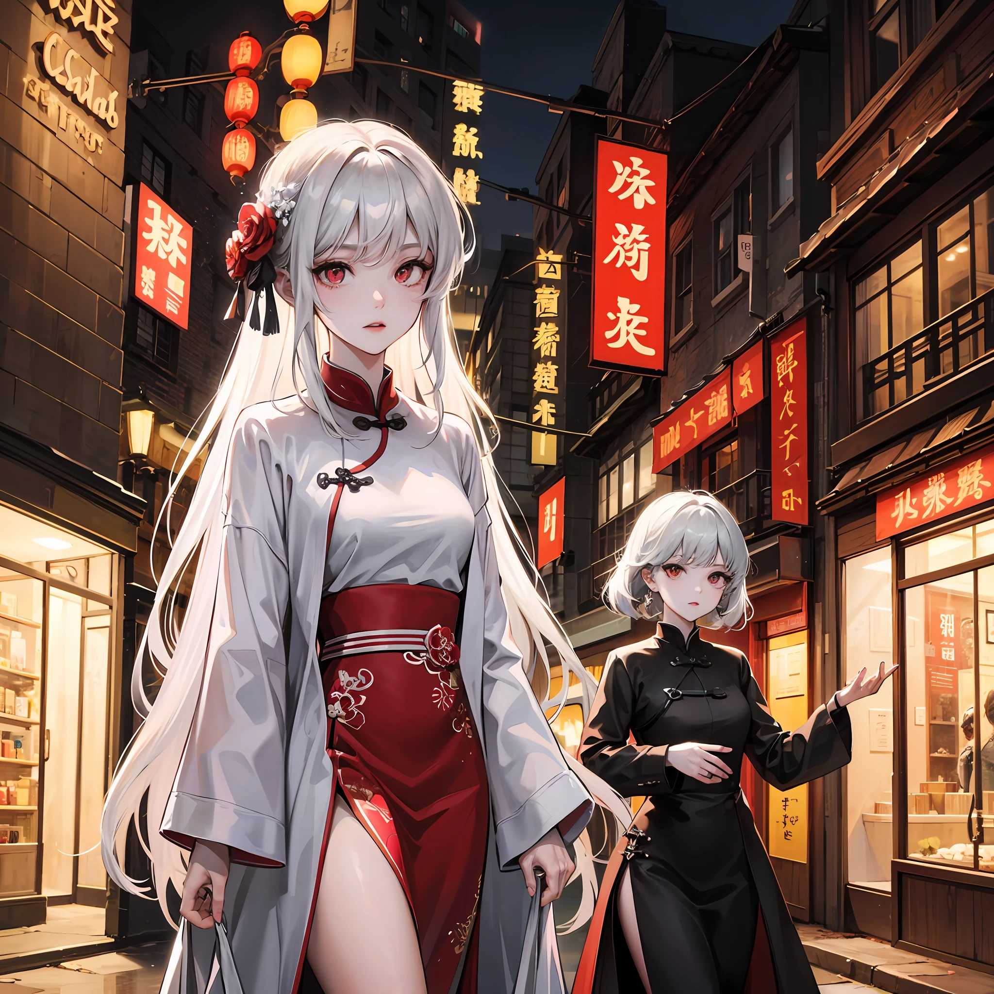 tmasterpiece、Need、night scene、moon full、1female、Mature woman、China-style、Ancient China、Sister、Royal sister、in cold face、face expressionless、Silver white long haired woman、Pale pink lips、Steady、Intellectual、tribelt、Red eyes,assassins,short knife,flower ball background,Stroll through the streetscape,4K, --auto