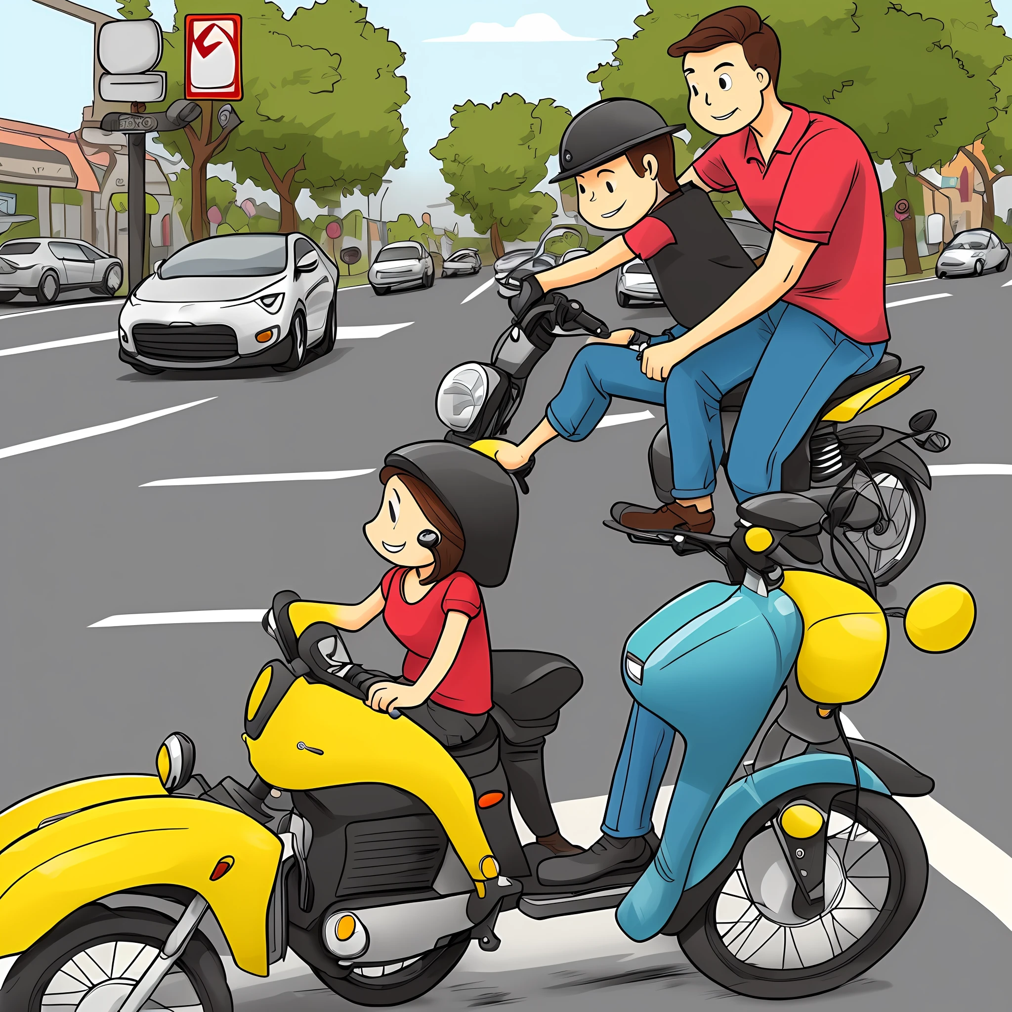 Beauty riding electric car，The handsome guy in the back seat put his arm around her waist，Waiting for traffic lights，adolable，cartoony --auto