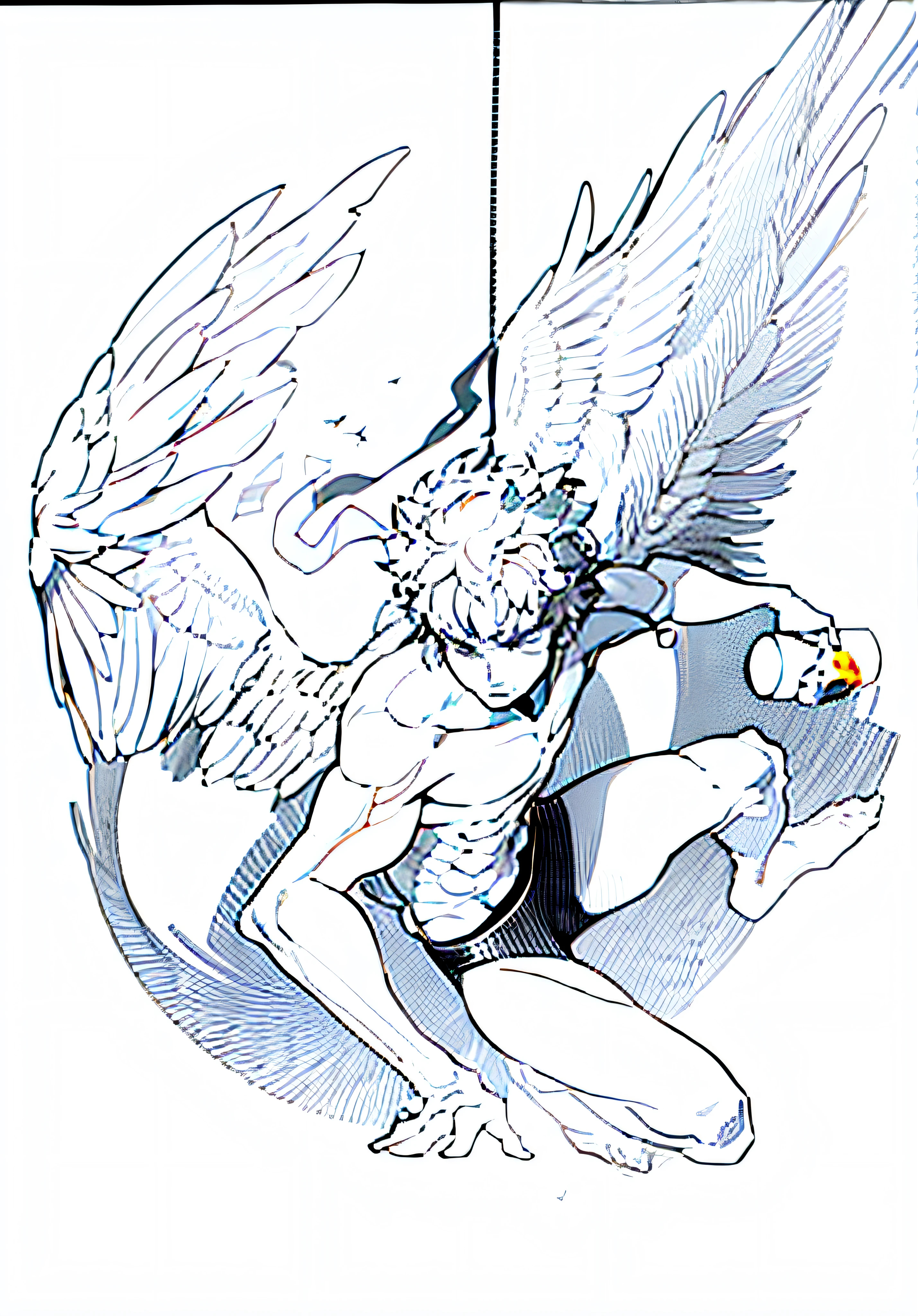 One has wings on its head,Painting of a man with a bird on his shoulder, clean lineart, bold lineart, Simple lines of art, thick lineart, extremely fine ink lineart, clean anime outlines, perfect lineart, Line art!!, linear art, intense line art, thick black lineart, epic angle and pose, wip