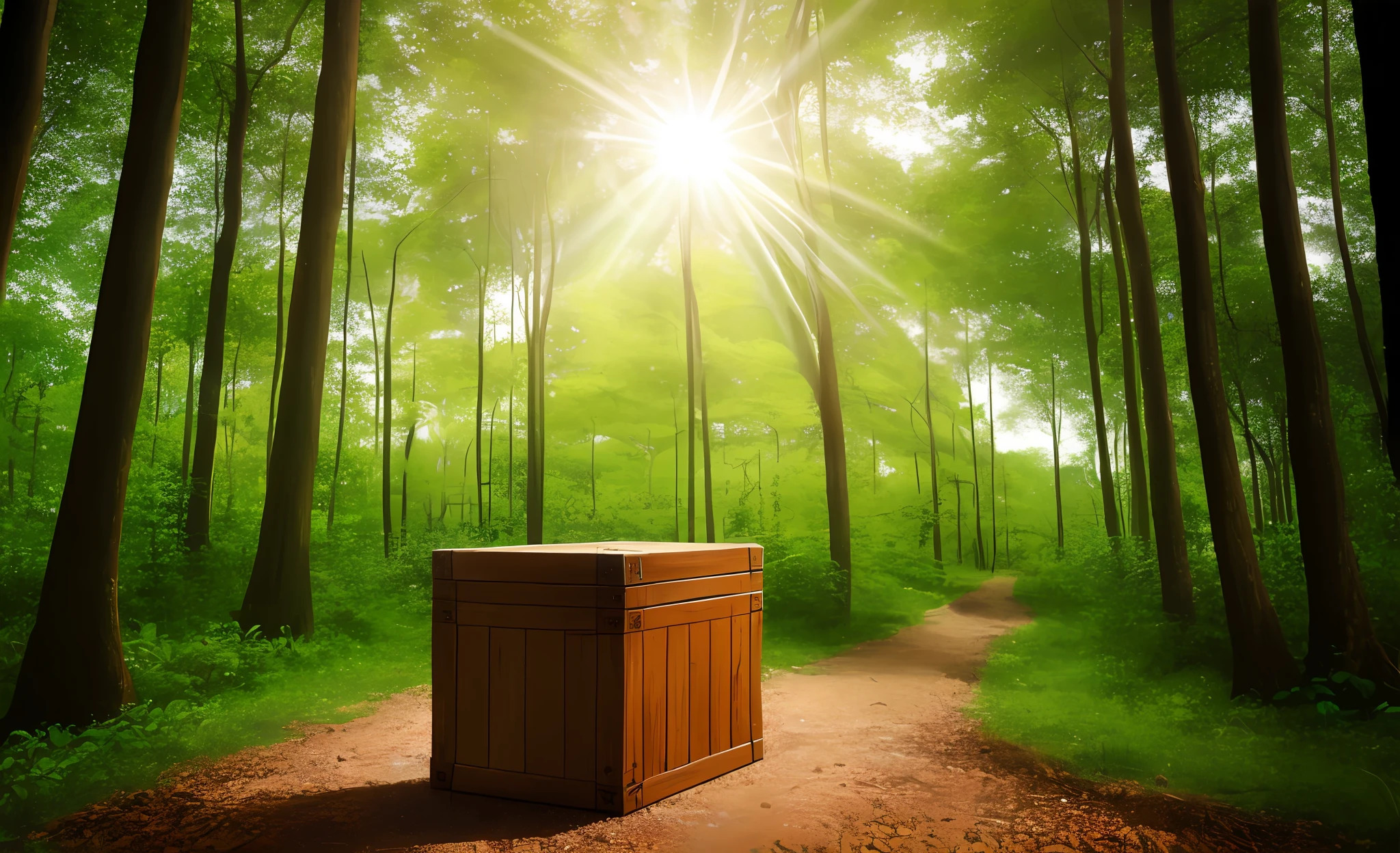 Wooden box in peaceful forest，Lively，llight rays，China-style，gargantuan