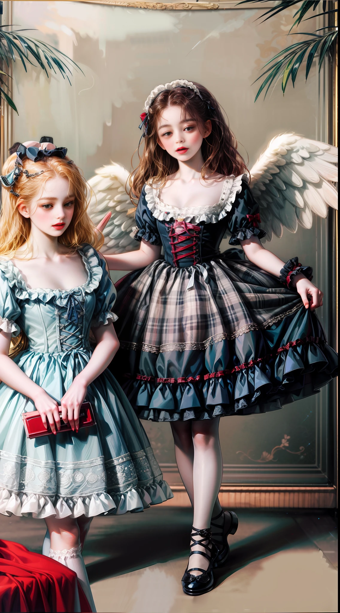 Three girls posing for photos in matching red and black plaid dresses,Angels are beautiful,Magazine scanning,perfume,ta fashion,catalogue photo,Lolityle,magazine photograph,fujicolor photo,garments,Jingfu,magazine photo from 2007,,Comme des Garcon Sport Grunge Literature,Retro,Rock