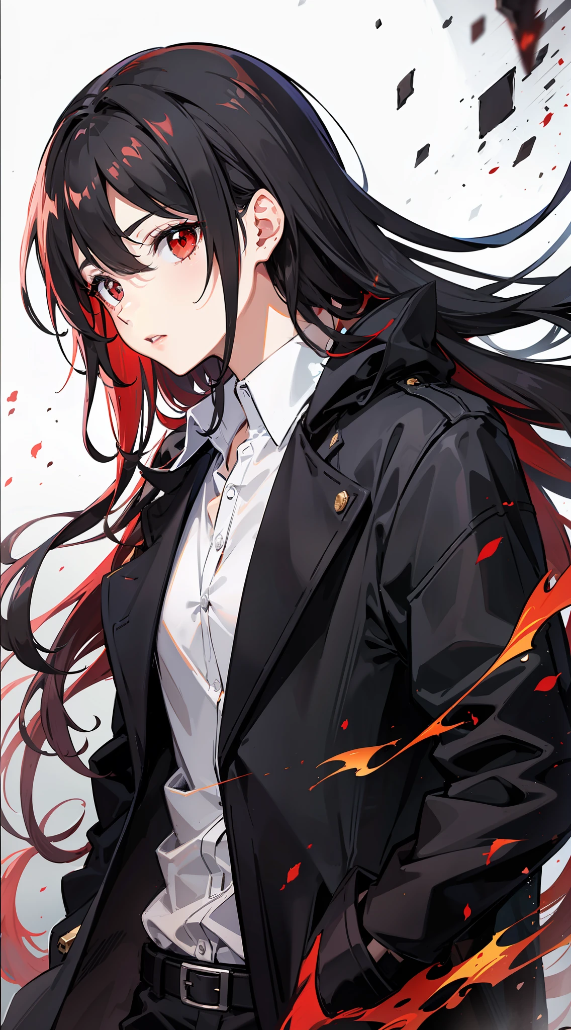 Red long-haired，Fly in the air，Black coat，White shirt，holds a spear，火焰，Red eyes