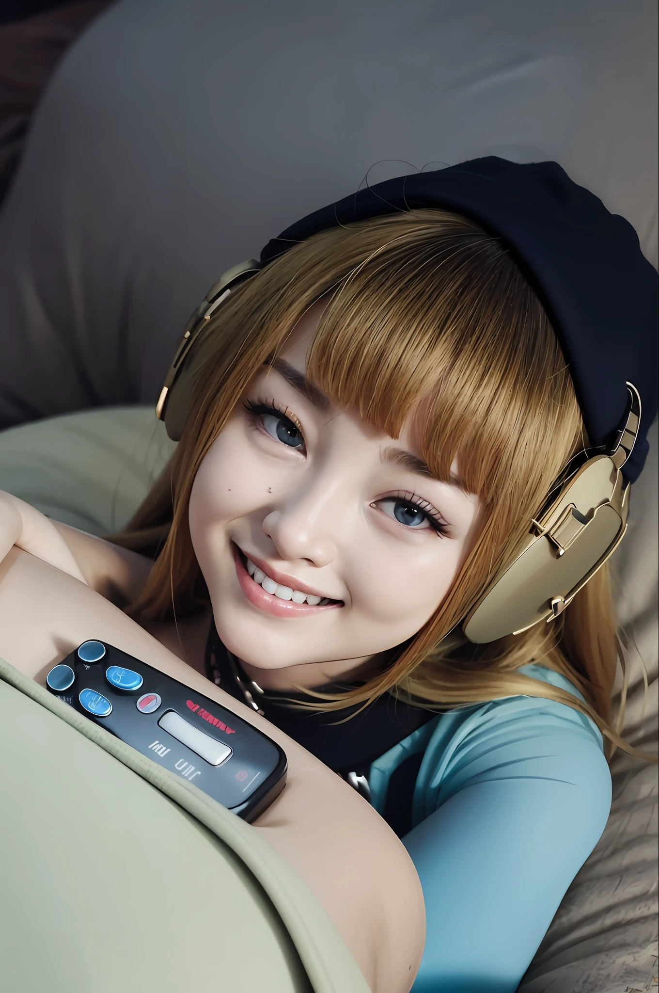 Smiling woman lying on bed，With the remote control in hand, chiho, Korean woman, Kwak Ji-young, Korean girl, young lovely Korean faces, beautiful Korean women, young cute wan asian face, warm and gentle smile, Lovely smile, 2 7 years old, Beautiful young Korean woman, relaxing and smiling at camera, 2 8 years old