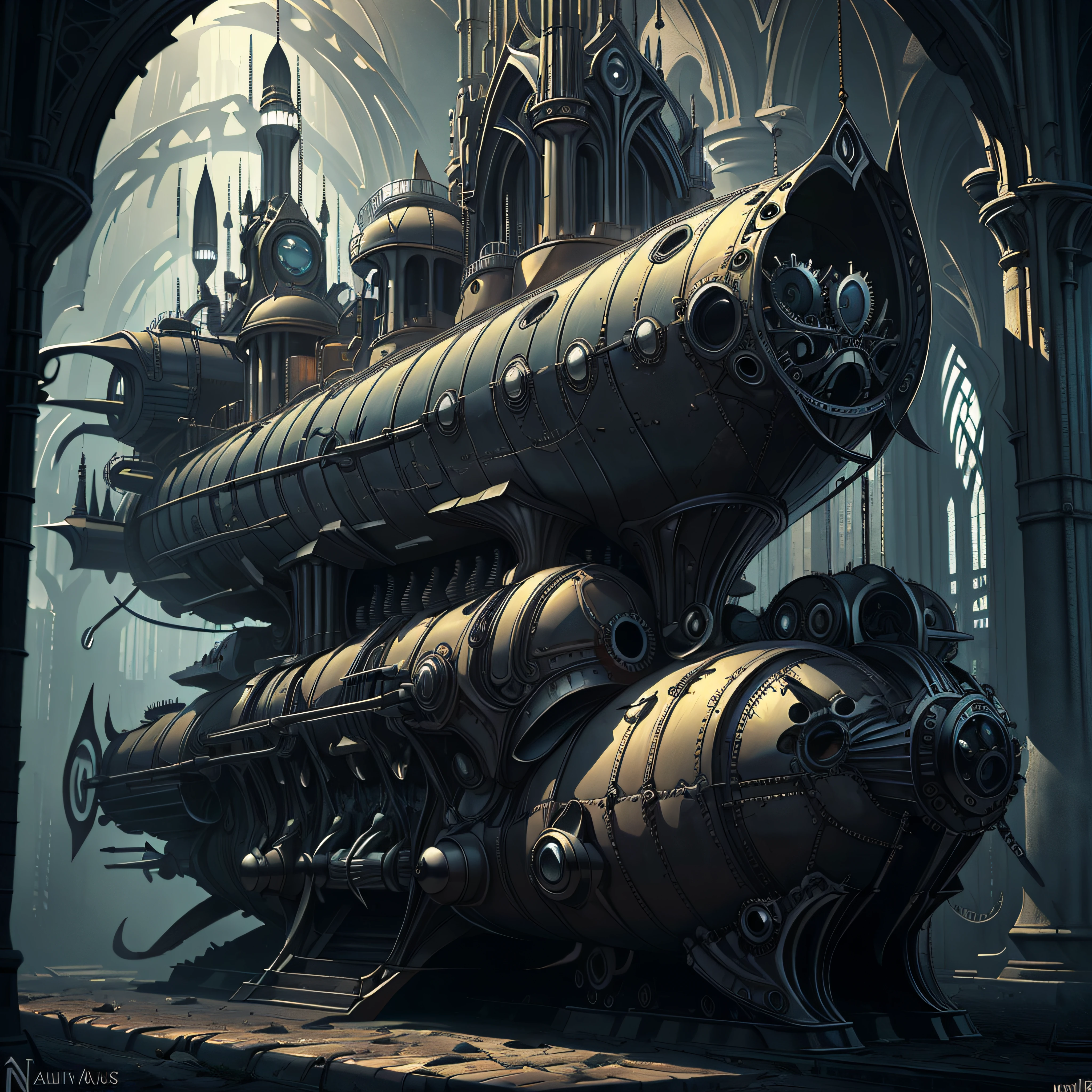 Full body character illustration of a ominous, gloomy, nautical, biomechanical, clockwork, art deco, nautilus, full of valves and gauges, medieval futurism, exquisite 3D (solid drawing) volumetry enhancing perspective (depth) --auto