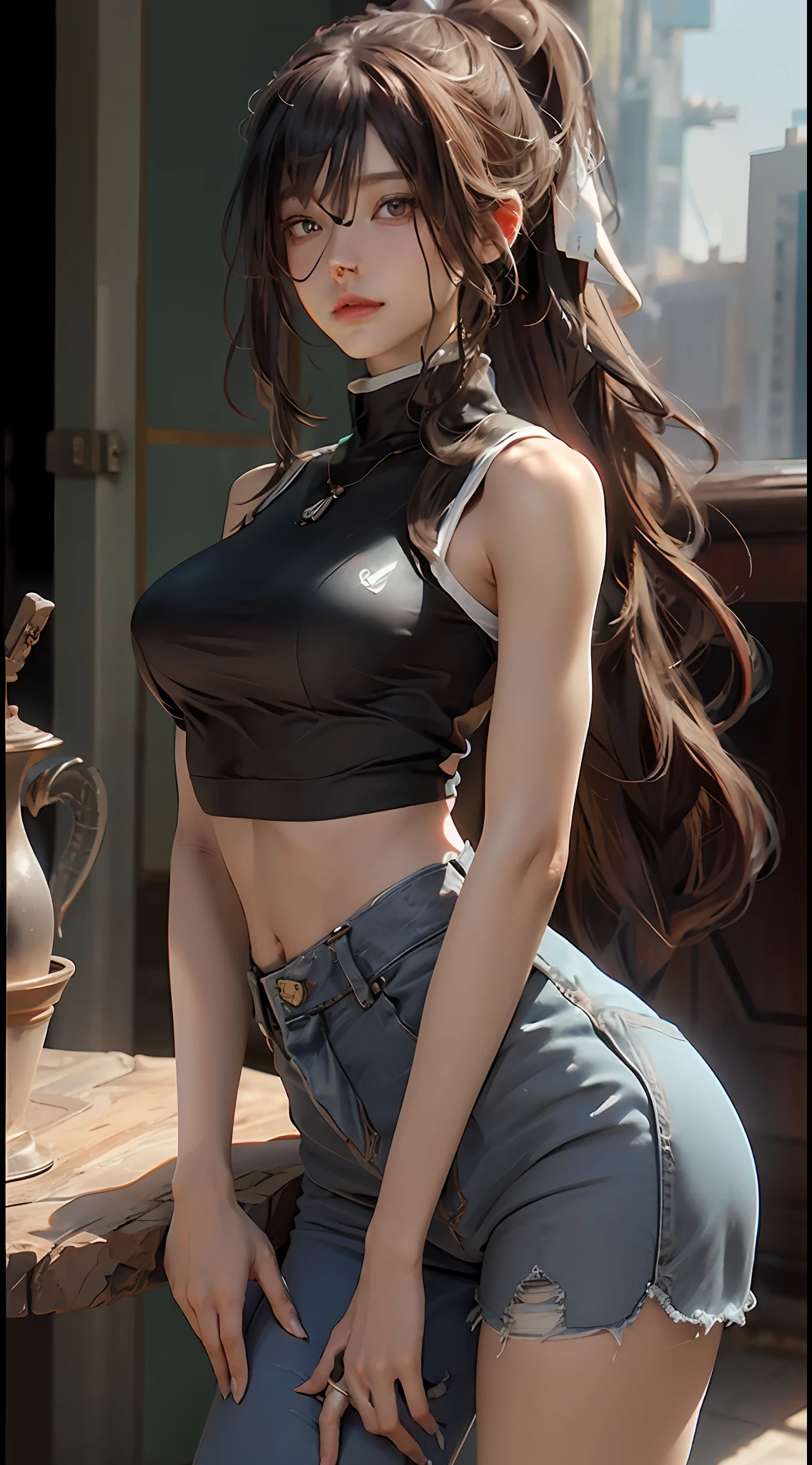 ((best quailty)), ((tmasterpiece)), (the detail:1.4), 3D, A beautiful cyberpunk female image,hdr（HighDynamicRange）,Ray traching,NVIDIA RTX,Hyper-Resolution,Unreal 5,Subsurface scattering、PBR Texture、post-processed、Anisotropy Filtering、depth of fields、maximum definition and sharpness、Many-Layer Textures、Albedo e mapas Speculares、Surface coloring、Accurate simulation of light-material interactions、perfectly proportioned、rendering by octane、Two-colored light、largeaperture、Low ISO、White balance、thirds rule、8K raw data、（Skinny denim shorts and skinny sports vest：1.3），（large tities：1.3）
