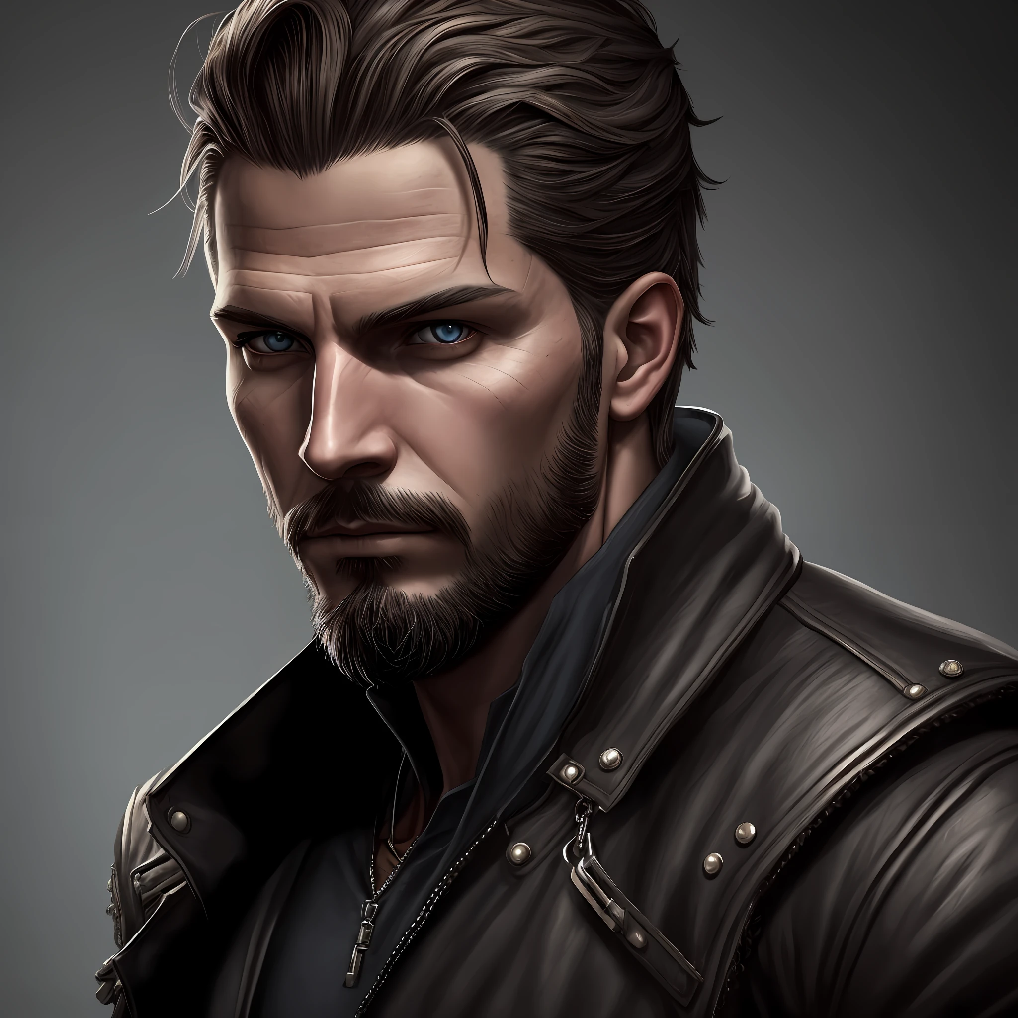 um close up de um homem com barba e jaqueta de couro, retrato da arte do personagem, retrato detalhado do caractere, retrato da arte do conceito do personagem, arte do retrato do personagem, Epic portrait illustration, epic character portrait, estilo de arte realista, Retrato de Adam Jensen, Cinematic realistic portrait, retrato do conceito do personagem, RPG retrato arte conceitual, Corvo Attano, arte conceitual realista do personagem --auto