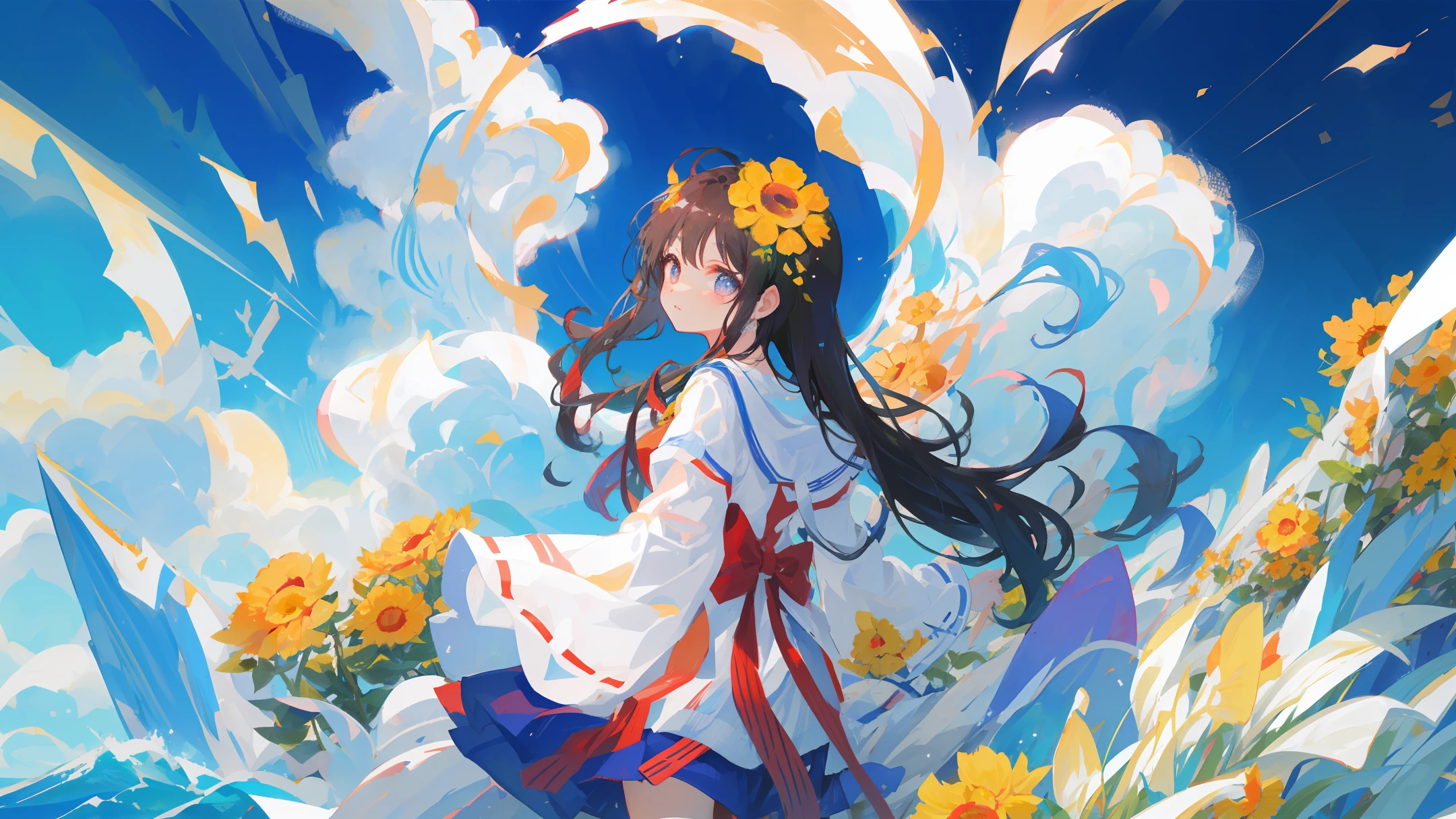 himawari,flower sea,夏天,Girl in white in the distance,