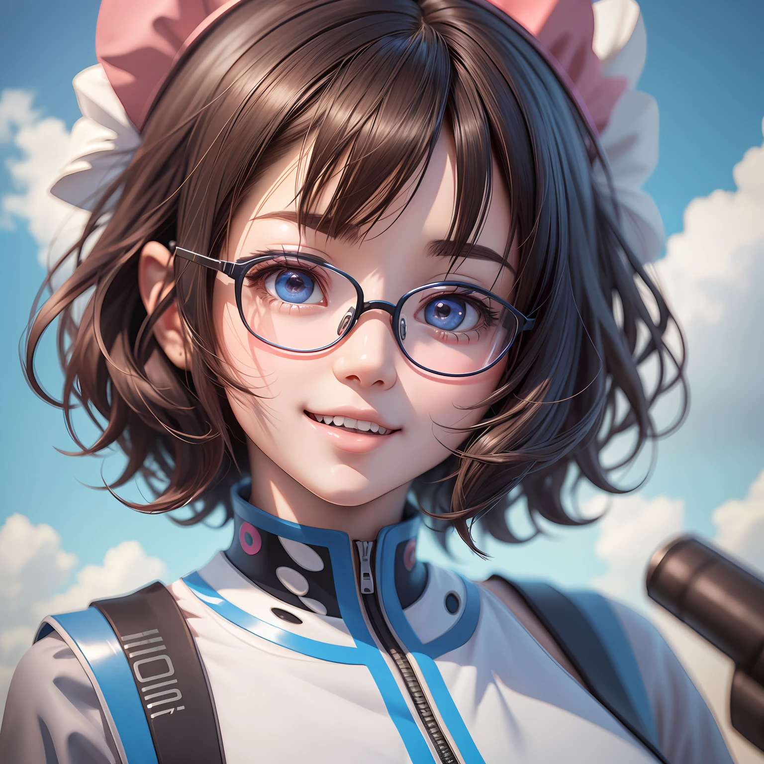 black hair, ahoge, messy hair, short hair, hair flaps, wavy hair, bespectacled, hollow eyes, wide-eyed, grin, fang, modern, depth of field, from below, UHD --auto