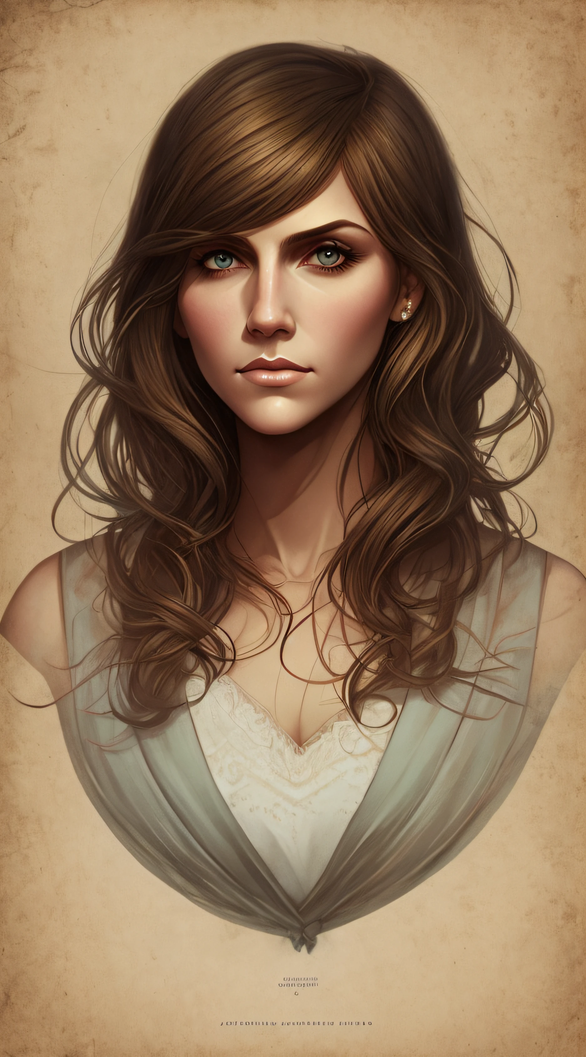 Retrato realista de litografia de Charlie Bowater por JENNIFER ESPOSITO, flor, [engrenagens], Pipes, Dieselpunk, fitas multicoloridas, textura de papel velho, altamente detalhado --auto