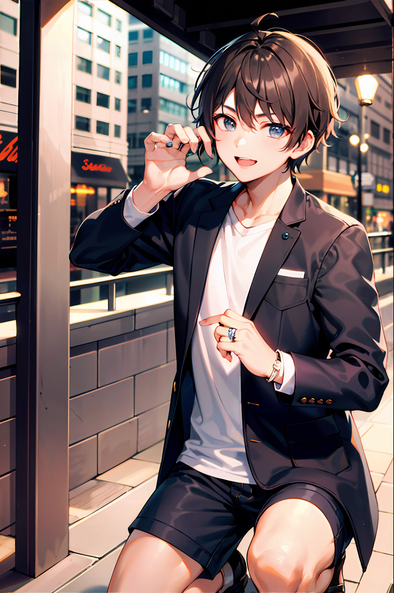 (morning), 1boy, (Young men:1.2),Handsome,Wear a black jacket,on one knee,diamond ring,propose,Diamond ring in hand,独奏, looking at viewert,Cowboy shooting,(downtown area),Cowboy shooting,ssmile,brunette color hair
