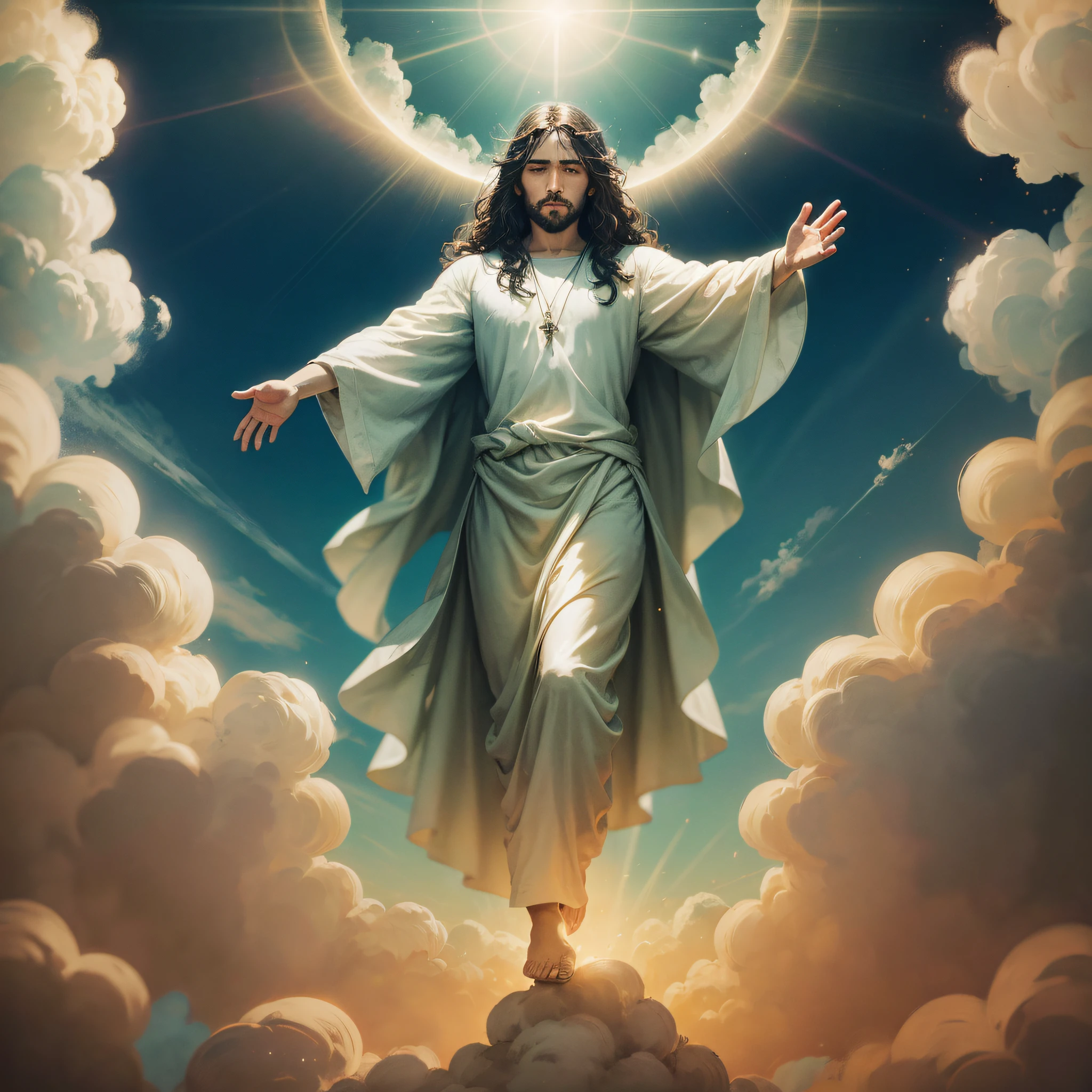 jesus flutuando no ar em cima de nuvens com anjos ao fundo com uma luz brilhando intensamente em seu rosto --auto --s2