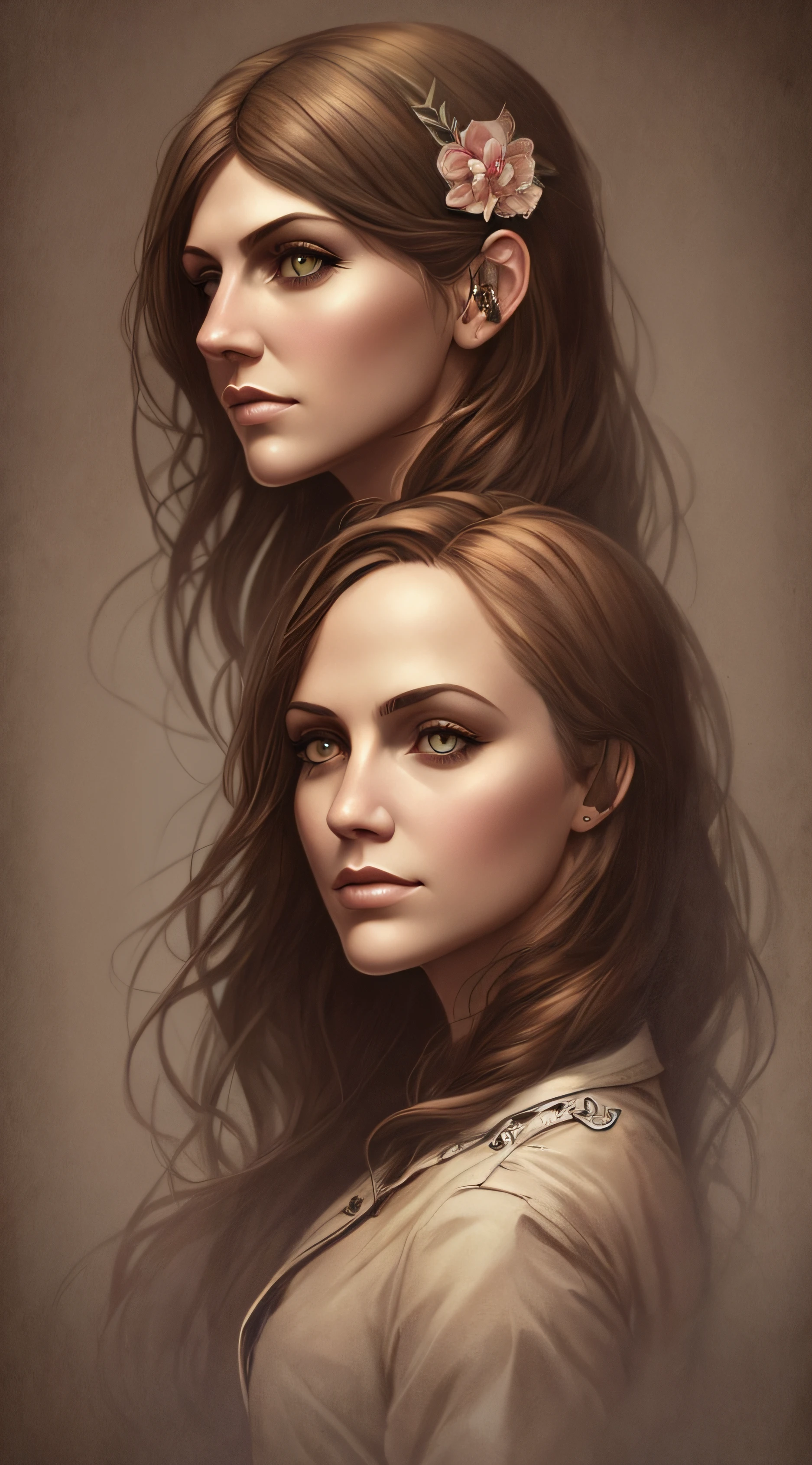 Retrato realista de litografia de Charlie Bowater por JENNIFER ESPOSITO, flor, [engrenagens], Pipes, Dieselpunk, fitas multicoloridas, textura de papel velho, altamente detalhado --auto