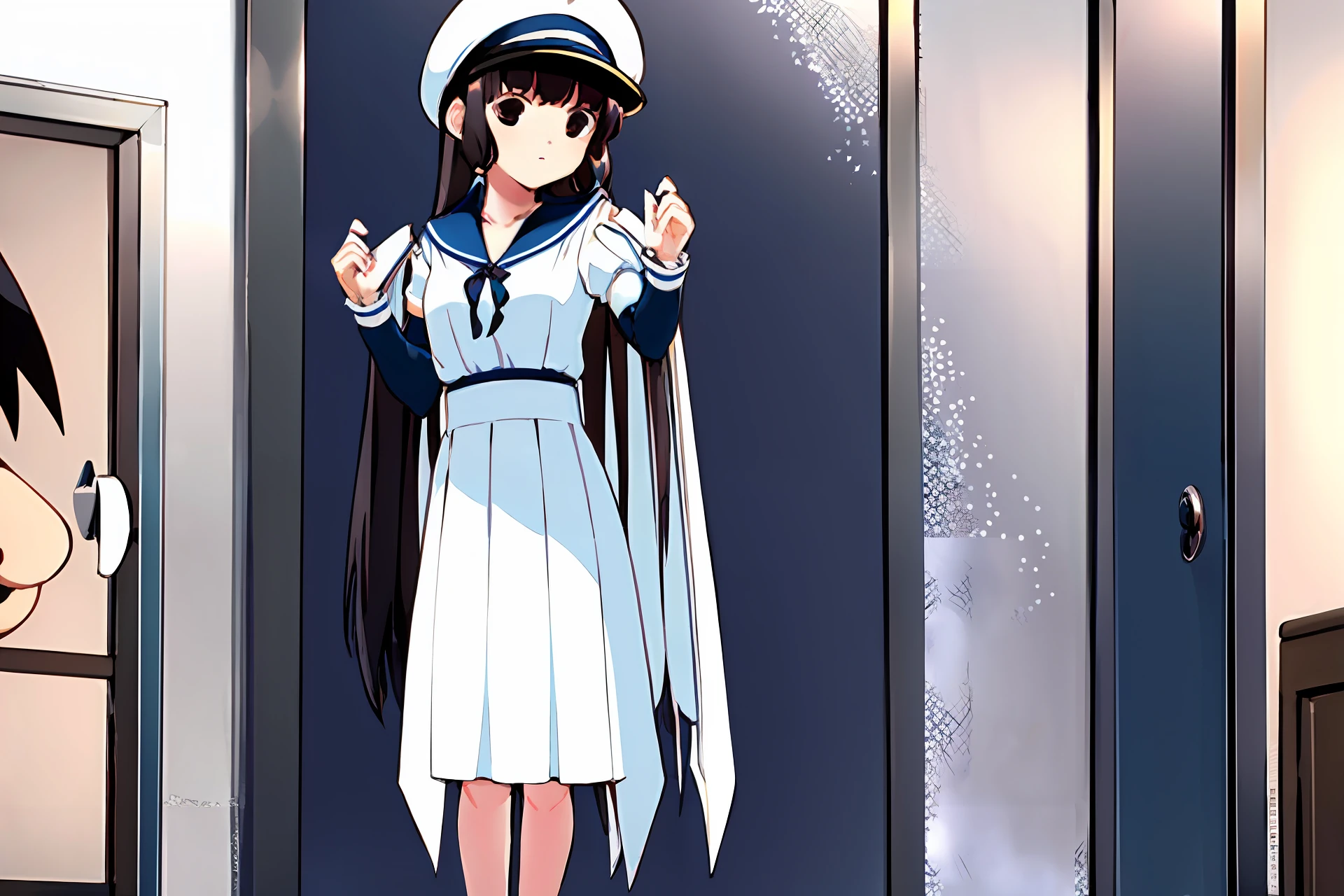 The maiden in a sailor's suit stood in front of her with her hands behind her back