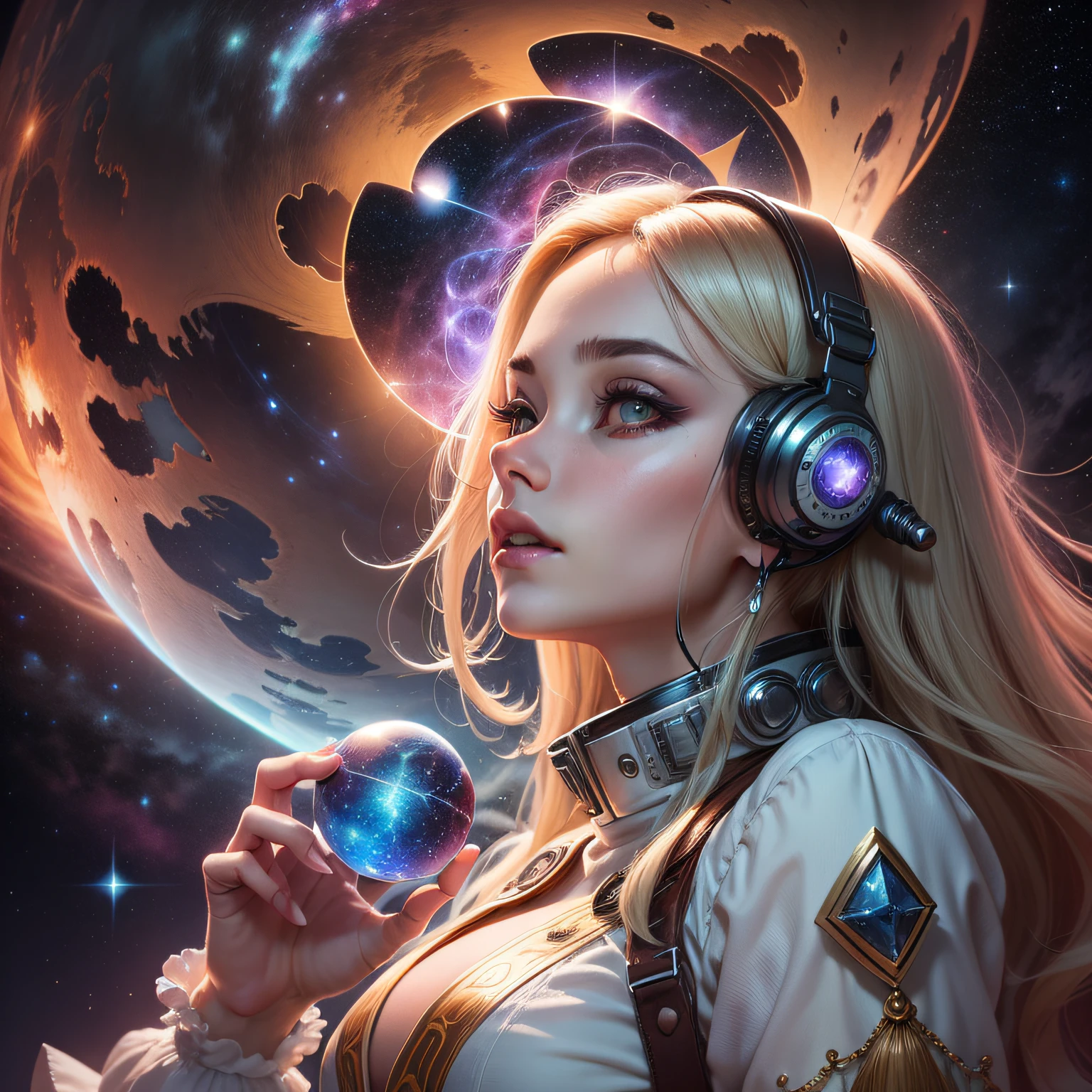Uma imagem com uma feiticeira espacial cativante em uma roupa futurista encantadora, conjuring cosmic magic amidst distant stars and galaxies. A cena combina sensualidade com misticismo sobrenatural, creating a seductive and mesmerizing presence.