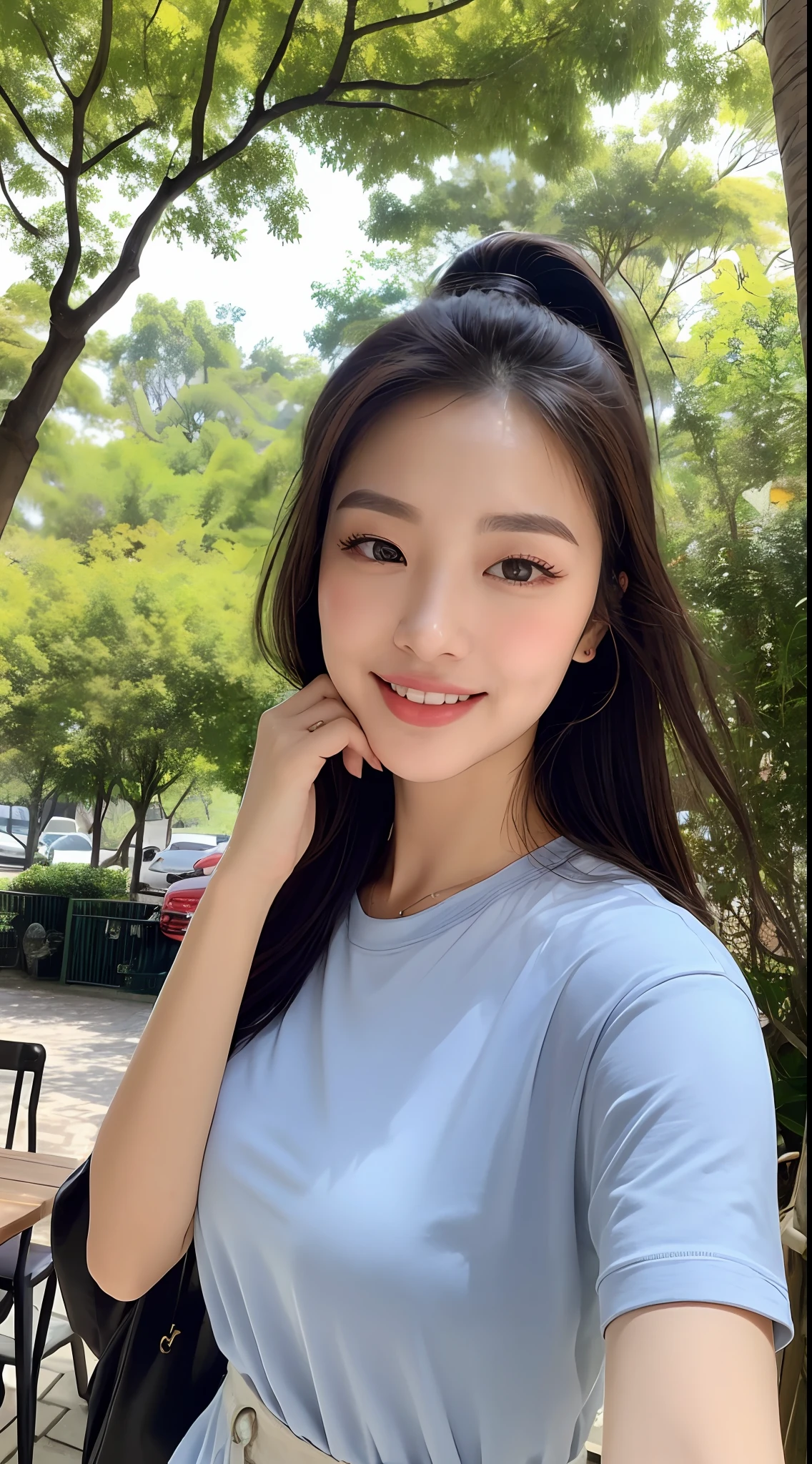 （（best qualtiy，8K，tmasterpiece：1.3）），The upper part of the body（1.3），immensity（5），outstanding style，gentle face，Parallel eyebrows，ssmile，natural makeup，Clothes for emphasis，relaxed，Have lunch at a café in the sun，Walk through the trees of the city，There is a beauty mole at the corner of the eye
