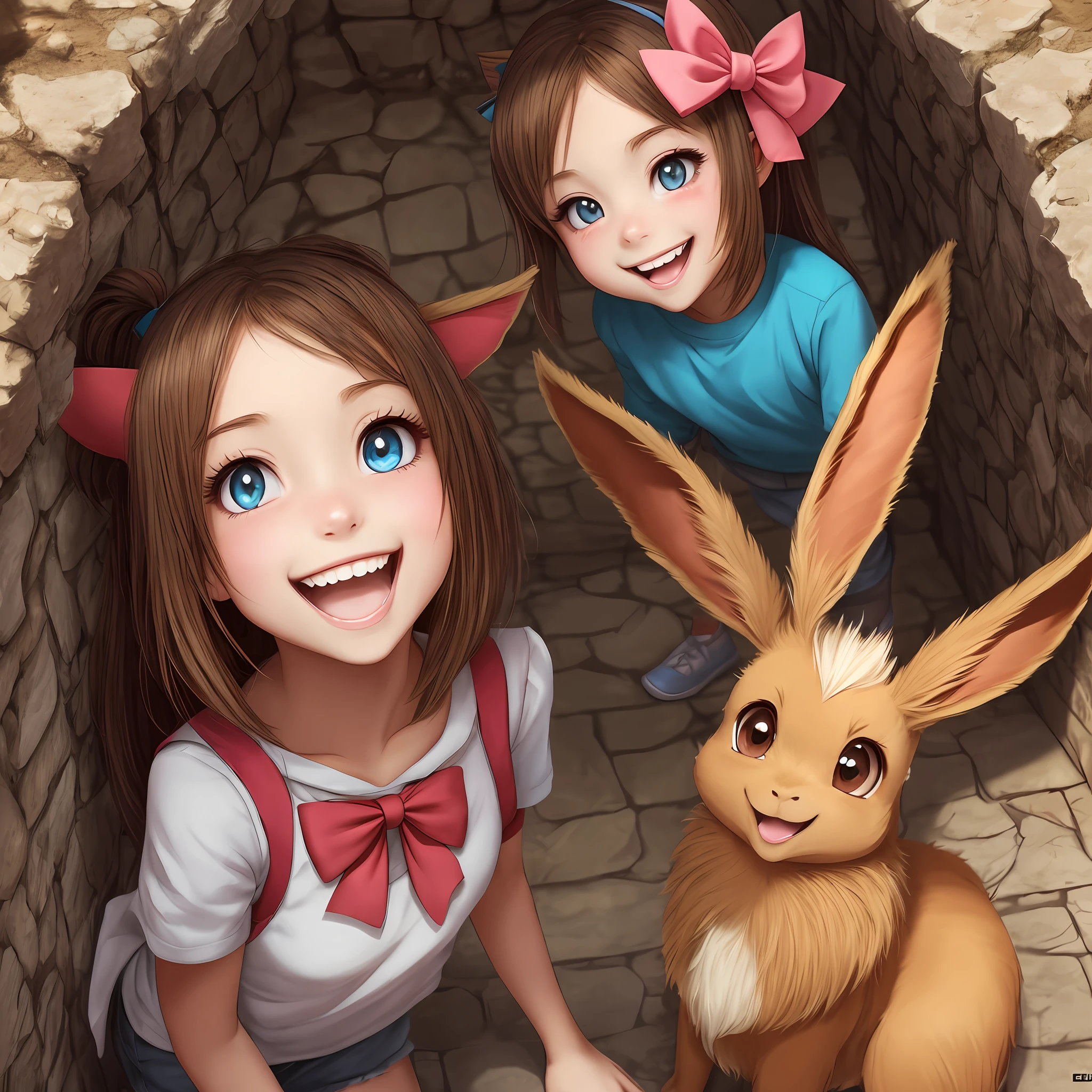 pokekid, eevee, fluffy girl, furry girl, female, smile, smiling, has a big pretty bow in her hair, has animal paws for hands, 1girl, best quality, outdoors, high definition, cute, cum, deep throat, stuck in wall --auto