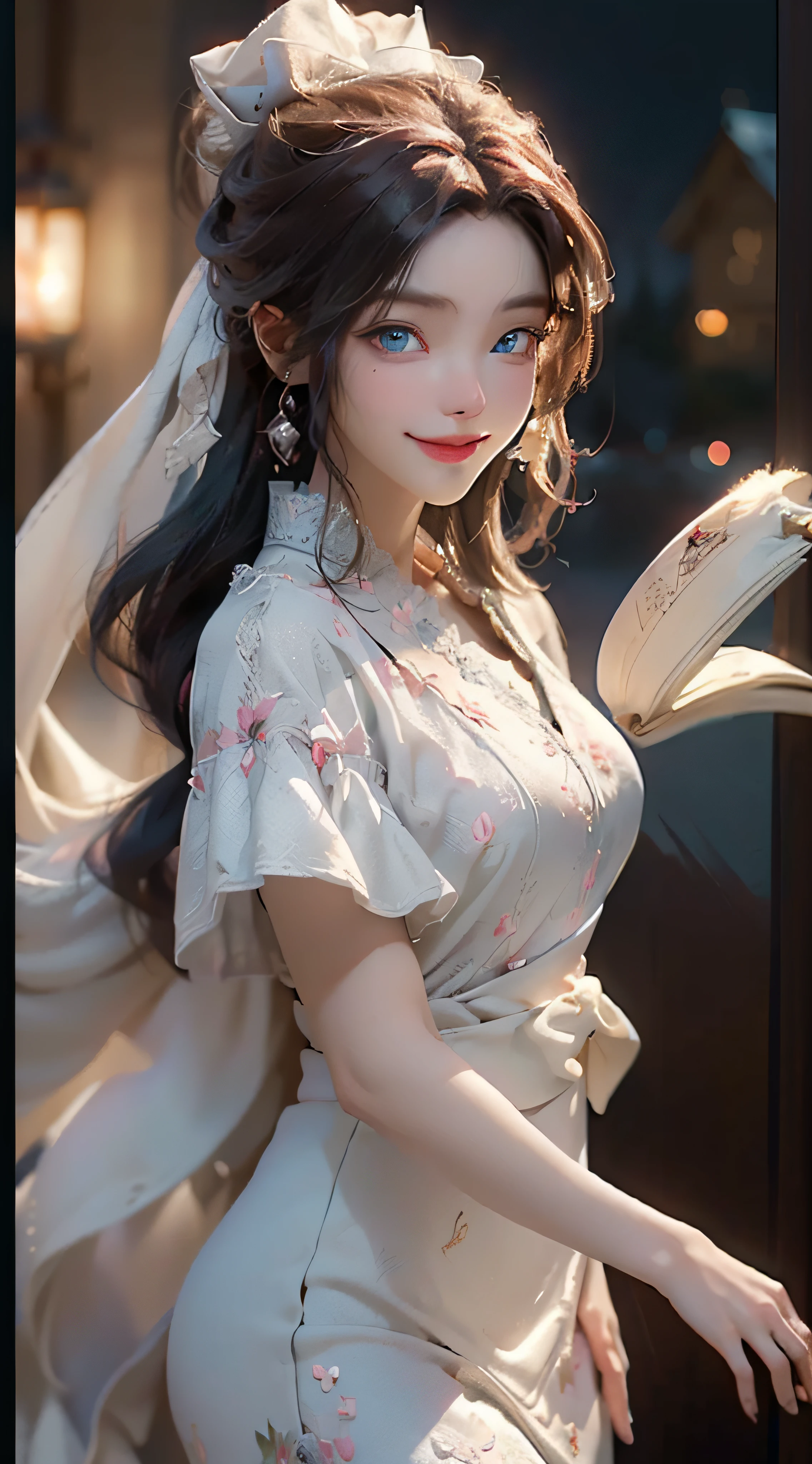 masterpiece, best quality, 1girl, (colorful),(finely detailed beautiful eyes and detailed face),cinematic lighting,bust shot,extremely detailed CG unity 8k wallpaper,white hair,solo,smile,intricate skirt,((flying petal)),(Flowery meadow) sky, cloudy_sky, building, moonlight, moon, night, (dark theme:1.3), light, fantasy,