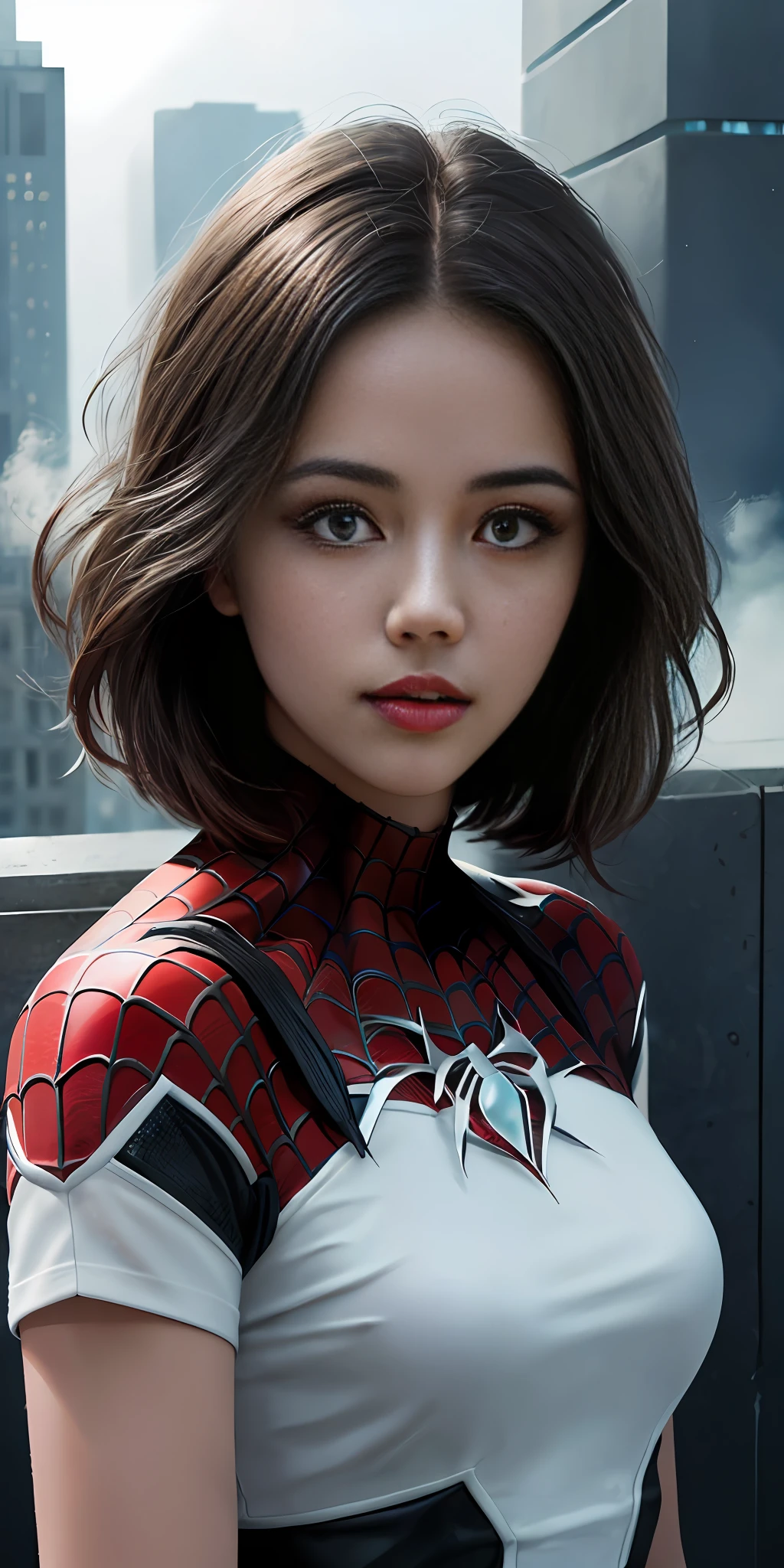 (1girl:1.3), Solo, (((Very detailed face)))), ((Very detailed eyes and face)))), Beautiful detail eyes, Body parts__, Official art, Unified 8k wallpaper, Super detailed, beautiful and beautiful, beautiful, masterpiece, best quality, original, masterpiece, super fine photo, best quality, super high resolution, realistic realism, sunlight, full body portrait, amazing beauty, dynamic pose, delicate face, vibrant eyes, (from the front), She wears Spider-Man suit, red and black color scheme, spider, very detailed city roof background, rooftop, overlooking the city, detailed face, detailed complex busy background, messy, gorgeous, milky white, highly detailed skin, realistic skin details, visible pores, clear focus, volumetric fog, 8k uhd, DSLR, high quality, film grain, fair skin, photo realism, lomography, futuristic dystopian megalopolis, translucent
