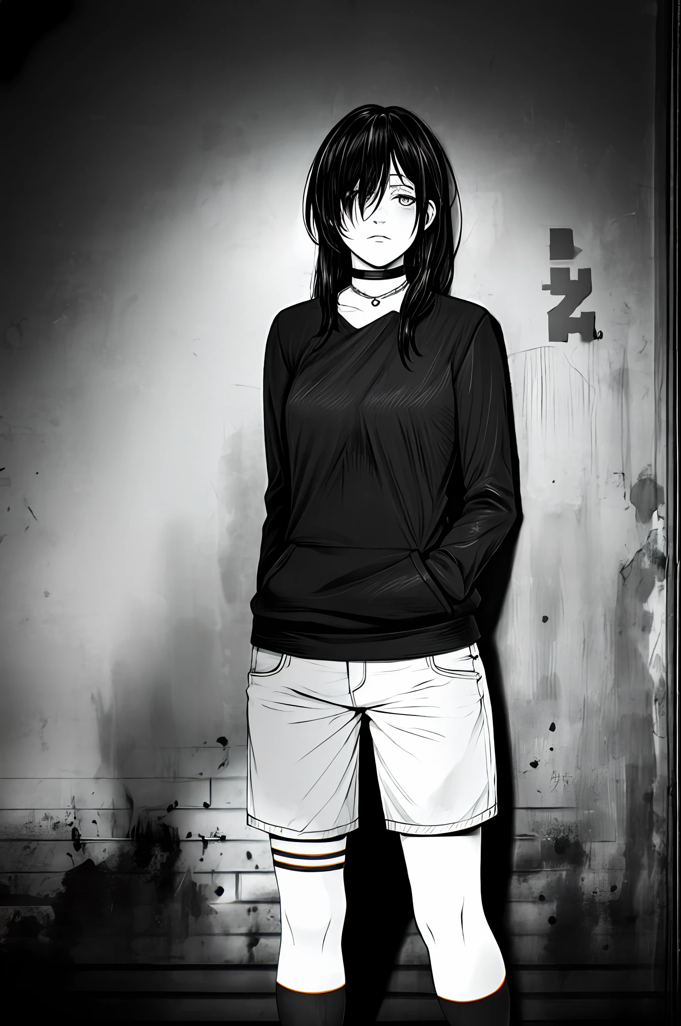 best quality, intricate details, lineart, monochrome,

1girl, long hair, black hair, messy hair, hair over one eye, sharp eyes, 

choker, shirt, torn legwear, open jacket, 

against wall, brick wall, graffiti, dim lighting, alley