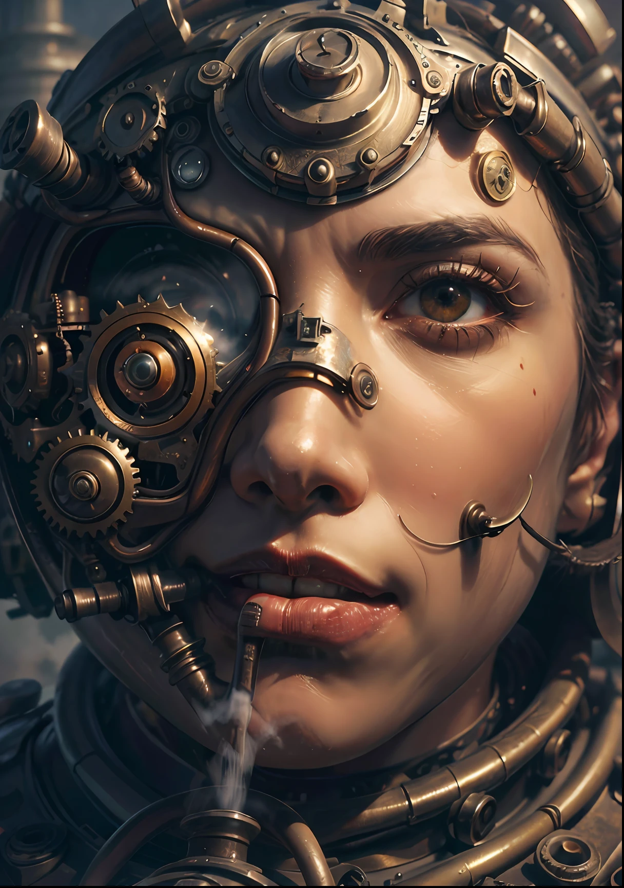 Masterpiece,melhor qualidade,fotorrealista,melhor sombra,delicado,..RAW,ultra high-resolution,Arte hiper-realista,gallery-grade work,Arte Oficial,wallpaper forced,64 mil,,ultra precision,visualmente impressionante,Obra-prima sublime,peak clarity,1 enorme cidade Steampunk,High-rise buildings covered by behemoth-like mechanical devices,show a scene of sharp contrast,Uma camada de nuvens subindo desordenadamente sobre a cidade,Huge steampunk buildings,The surface is covered with complex gears and mechanical devices,(vision,full view,corpo inteiro:1.2),(Nas paredes da cidade Steampunk,1 soldiers in strong mechanical armor.,Handheld Steam Gun,Guard the safety of the city:1.2),Steampunk,dirigible,Steam robot,