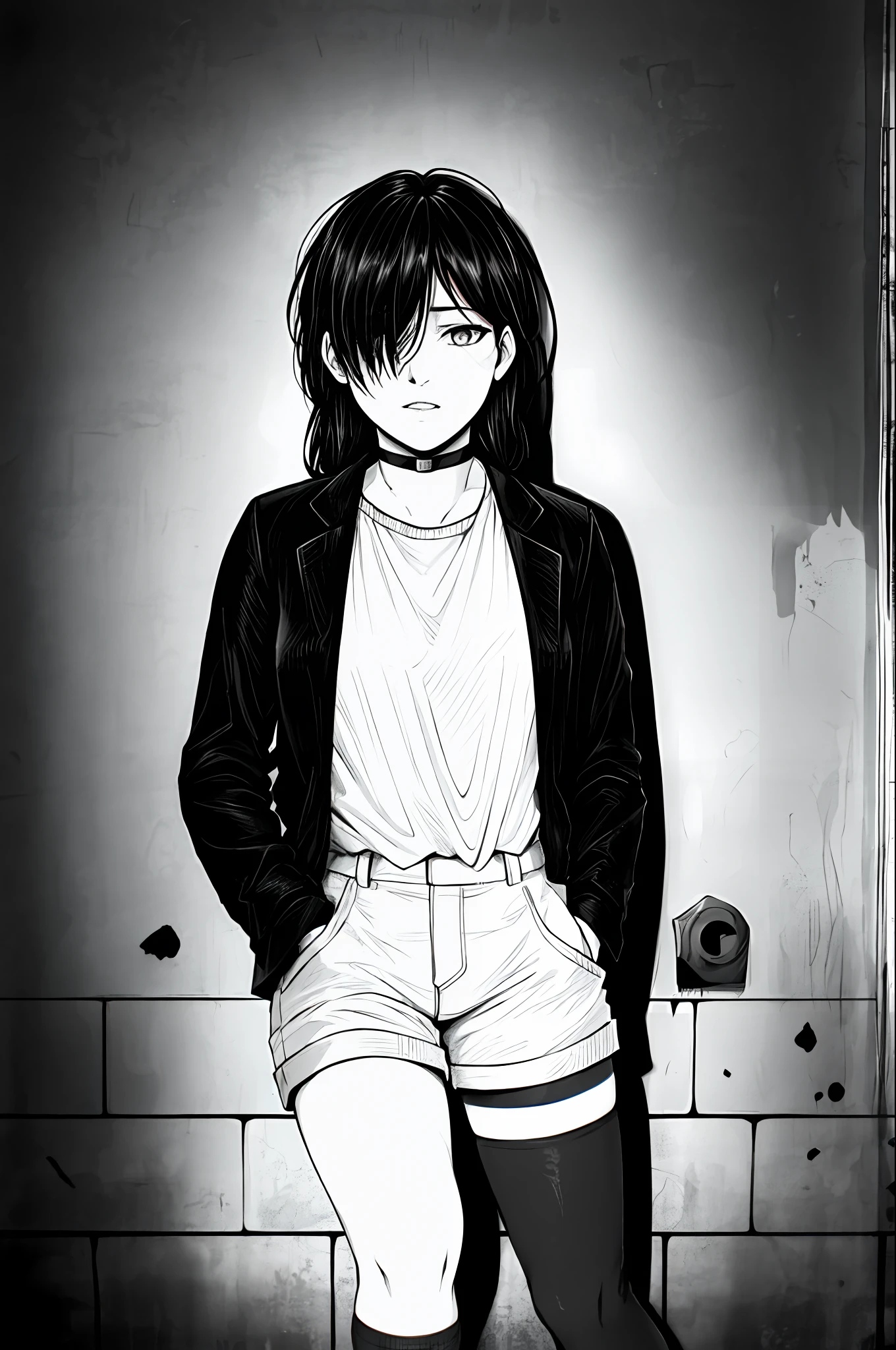 best quality, intricate details, lineart, monochrome,

1girl, long hair, black hair, messy hair, hair over one eye, sharp eyes, 

choker, shirt, torn legwear, open jacket, 

against wall, brick wall, graffiti, dim lighting, alley