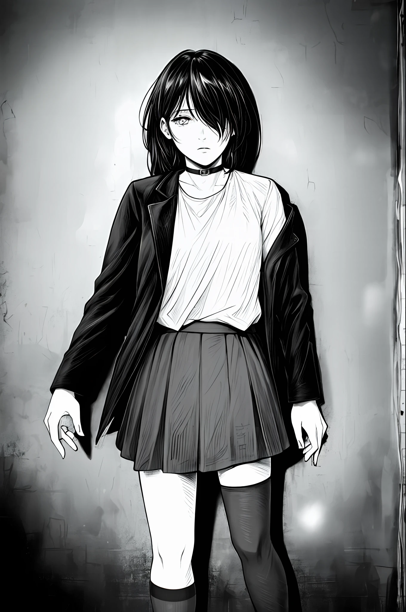 best quality, intricate details, lineart, monochrome,

1girl, long hair, black hair, messy hair, hair over one eye, sharp eyes, 

choker, shirt, torn legwear, open jacket, 

against wall, brick wall, graffiti, dim lighting, alley