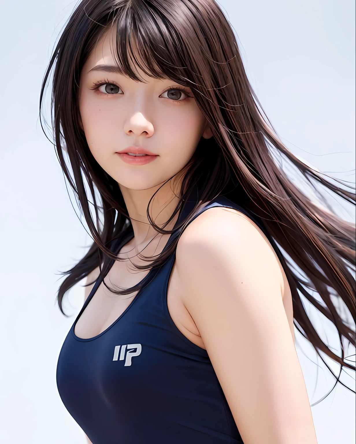 best quality, photorealistic, 8k, high res, 1girl, woman, (skindentation), (portrait:0.6), gorgeous, ((whitebackground, sport tanktop, small breast:1.65)), (long brown hair, parted bangs:1.4), looking at viewer,  (1girl eyes looking at viewer:1.6), photorealistic, (bokeh), (closed mouth, smile:1.3), gorgeous, pureerosface_v1:1,